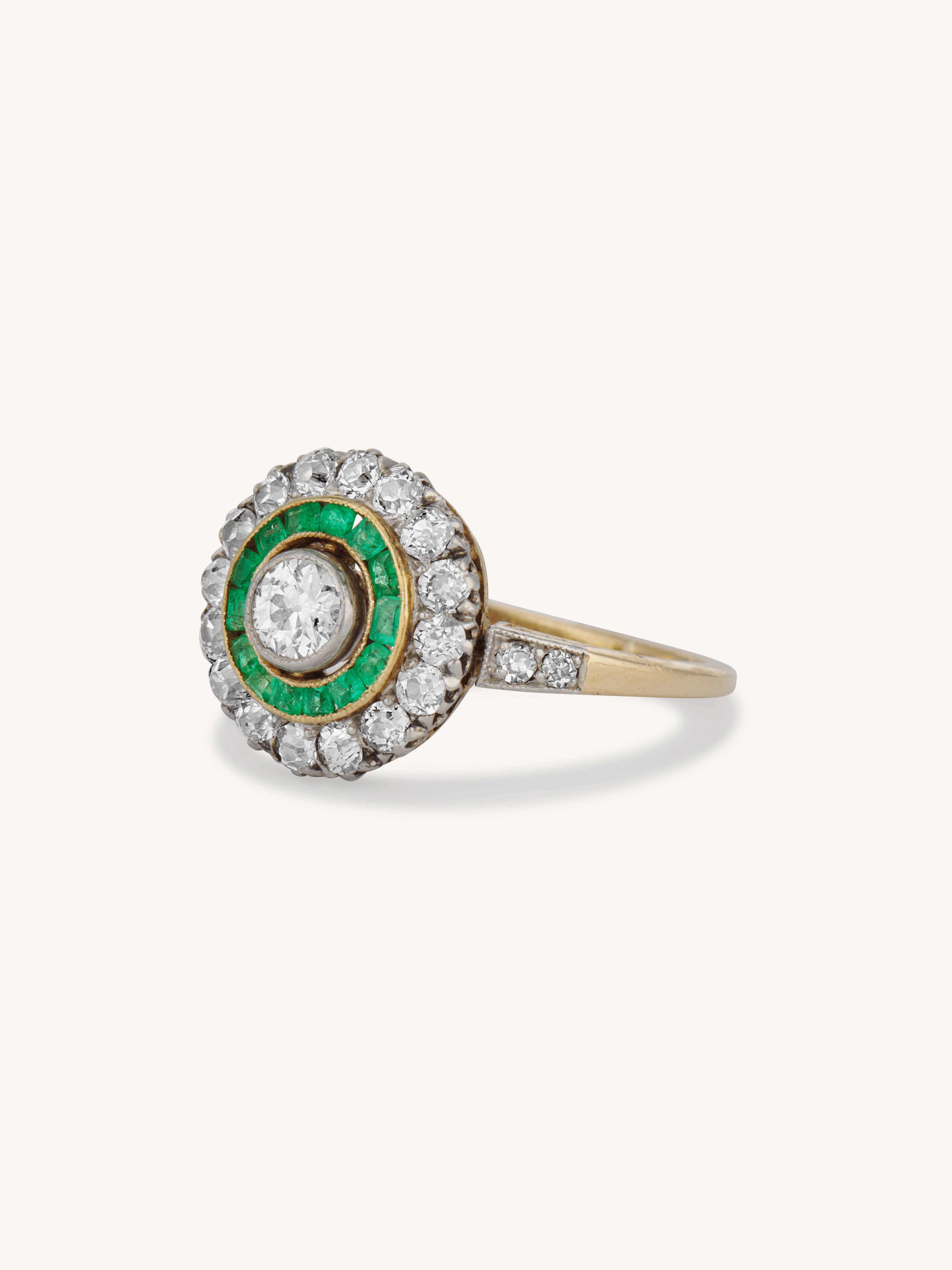 Art Deco Old European Cut Diamond & Emerald Target Engagement Ring - Image 4