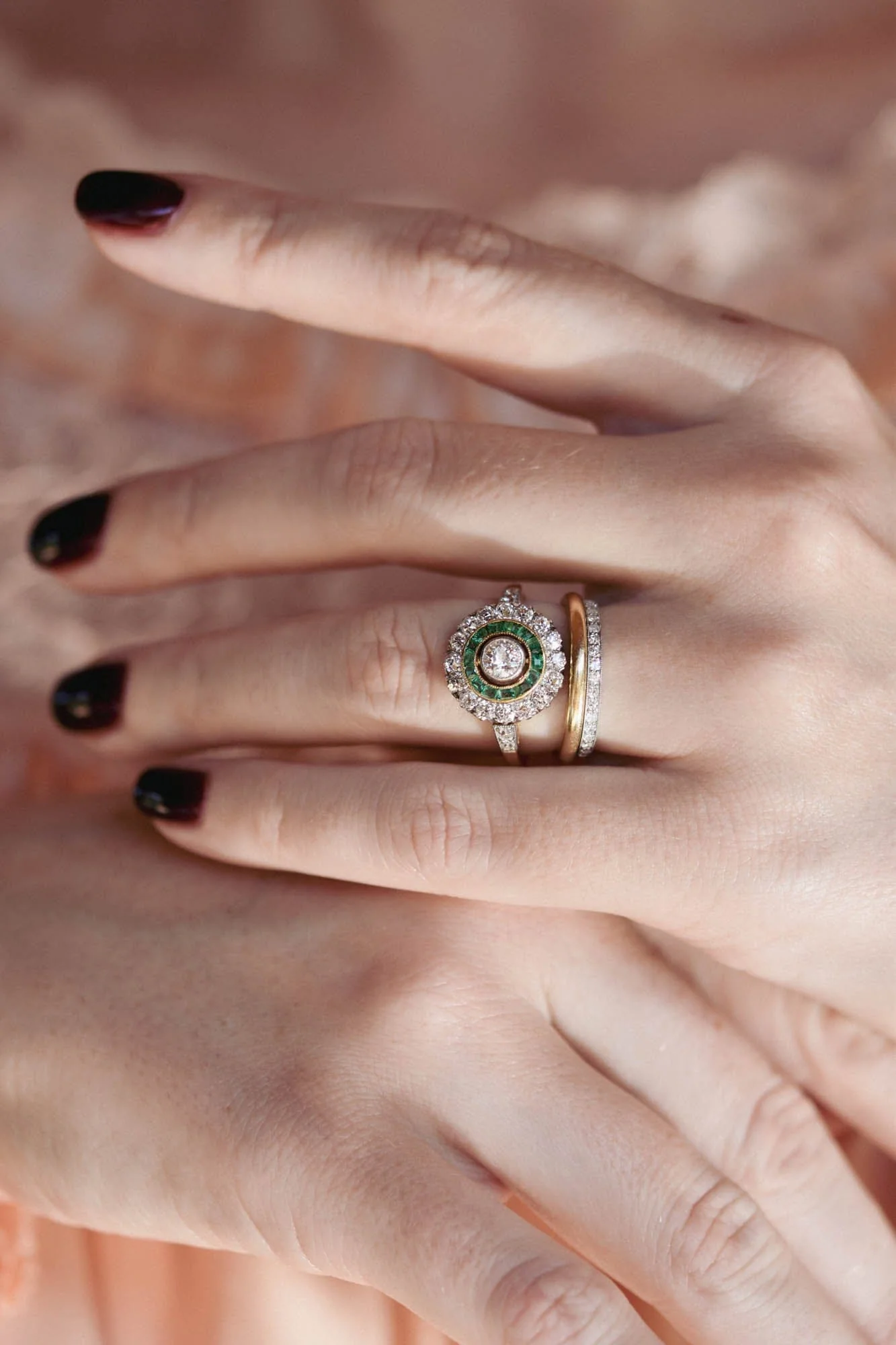 Art Deco Old European Cut Diamond & Emerald Target Engagement Ring - Image 7