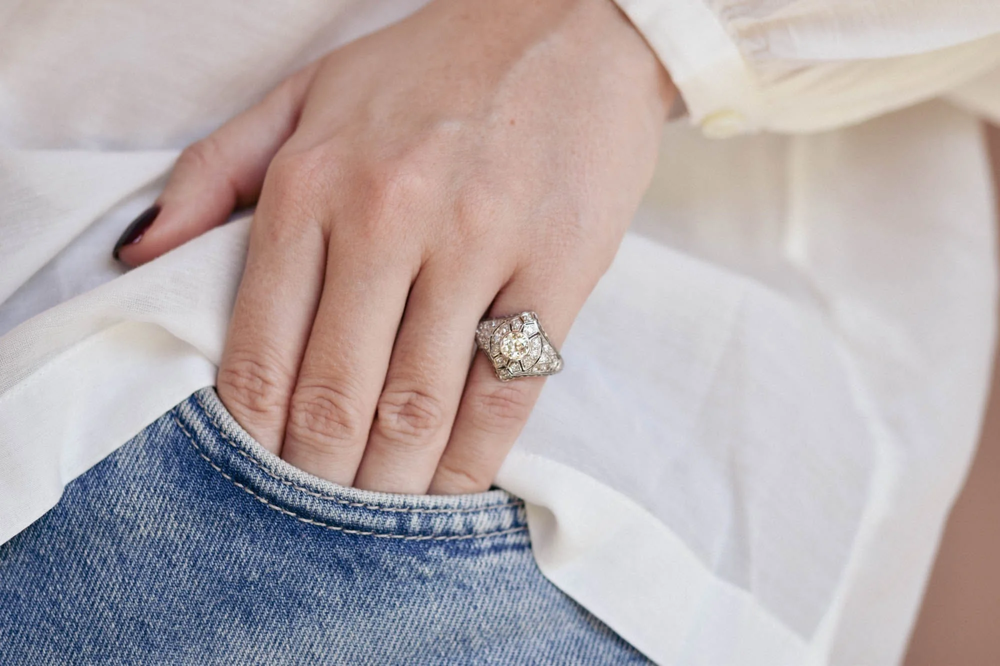 Art Deco Old European Cut Diamond Navette Shaped Vintage Engagement Ring - Image 3