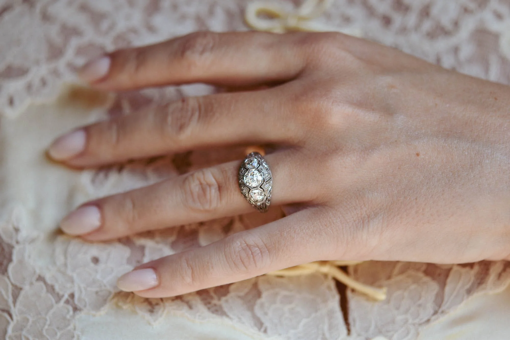 Art Deco Old European Cut Diamond Three Stone Platinum Vintage Engagement Ring - Image 3