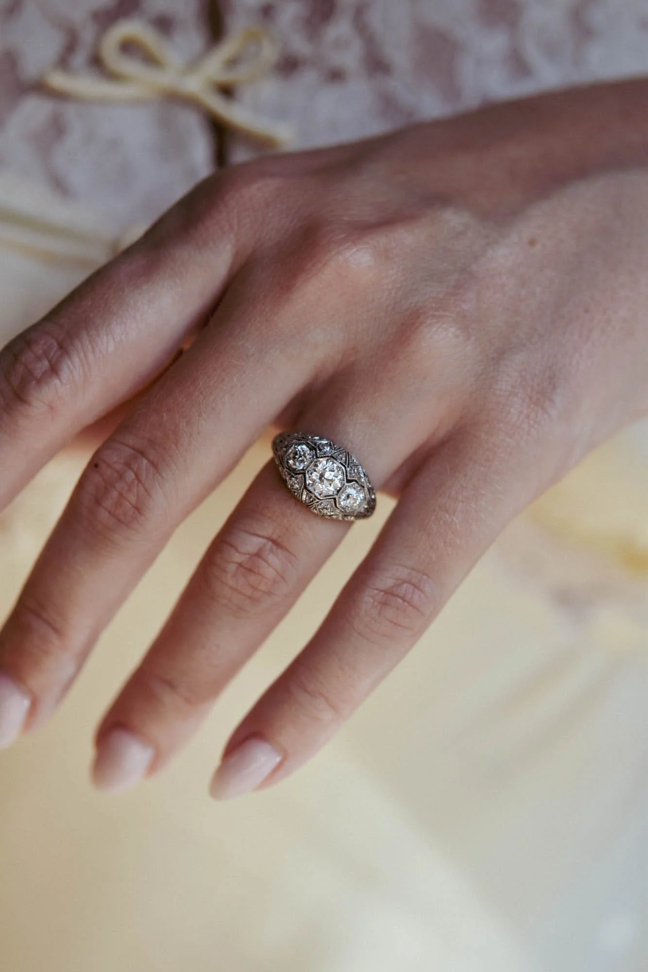 Art Deco Old European Cut Diamond Three Stone Platinum Vintage Engagement Ring - Image 6