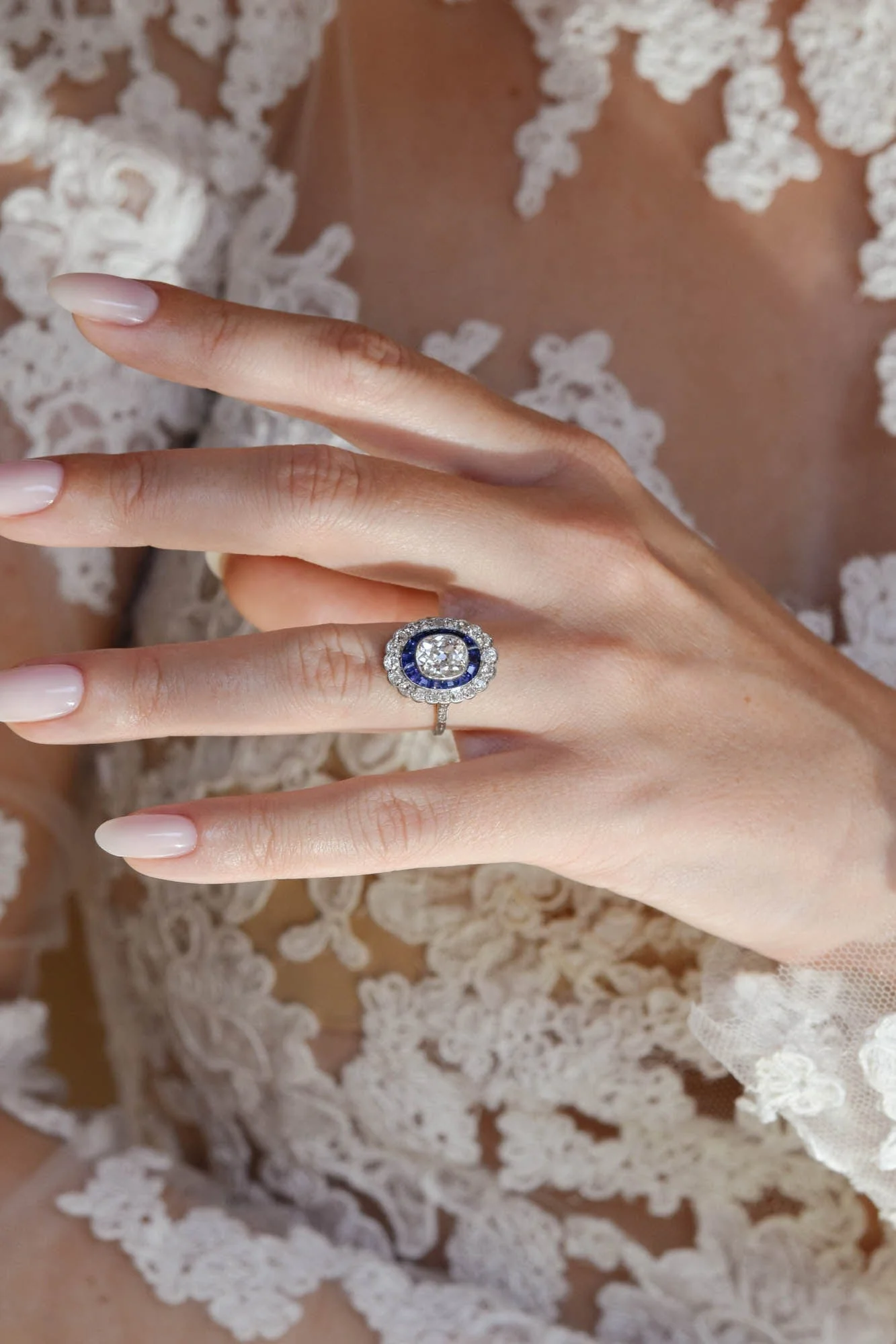 Art Deco Old Mine Cushion Cut Diamond & Sapphire Vintage Engagement Ring - Image 6
