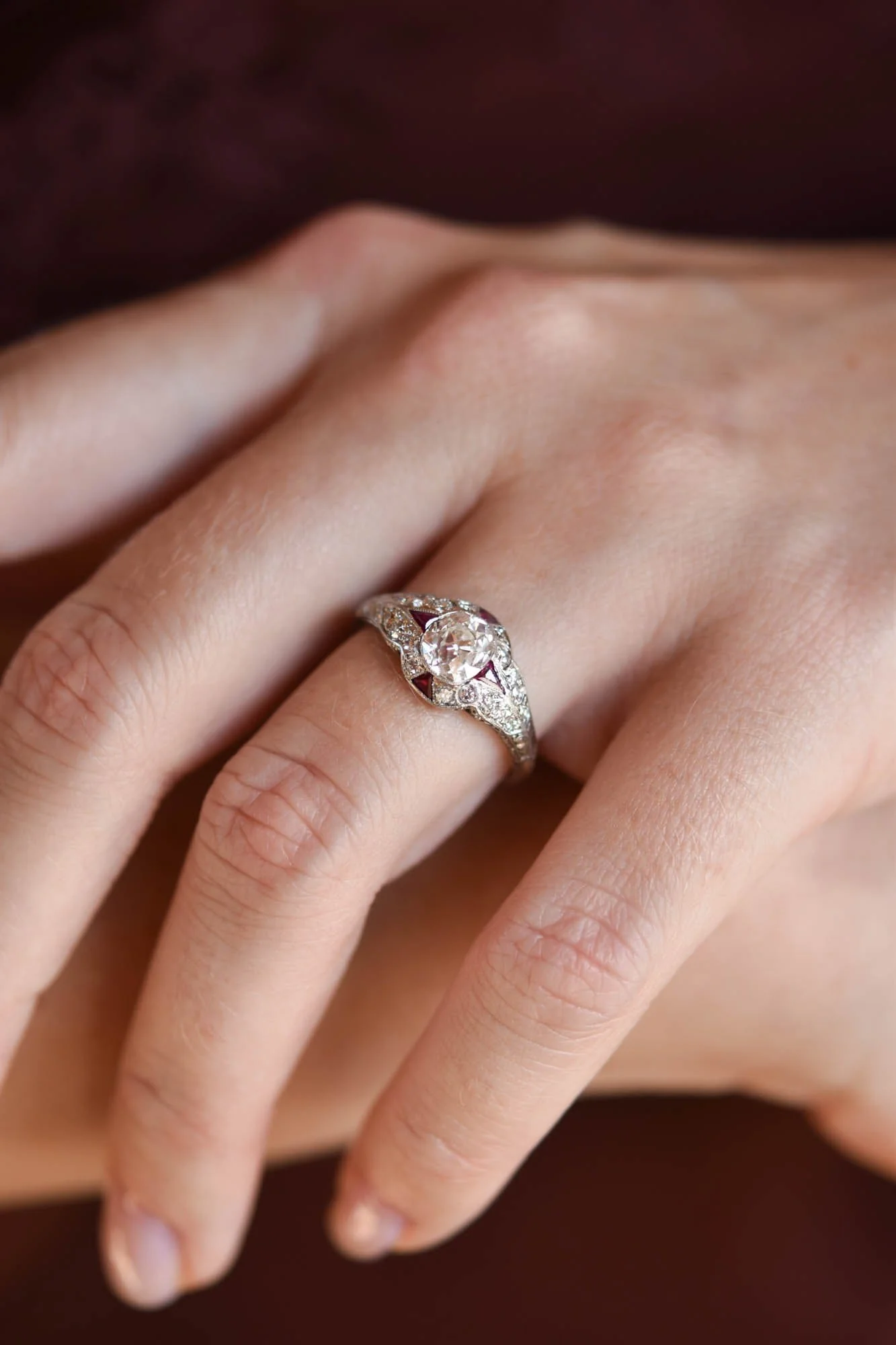 Art Deco 1.03 Carat Old Mine Diamond & Ruby Platinum Antique Engagement Ring - Image 2