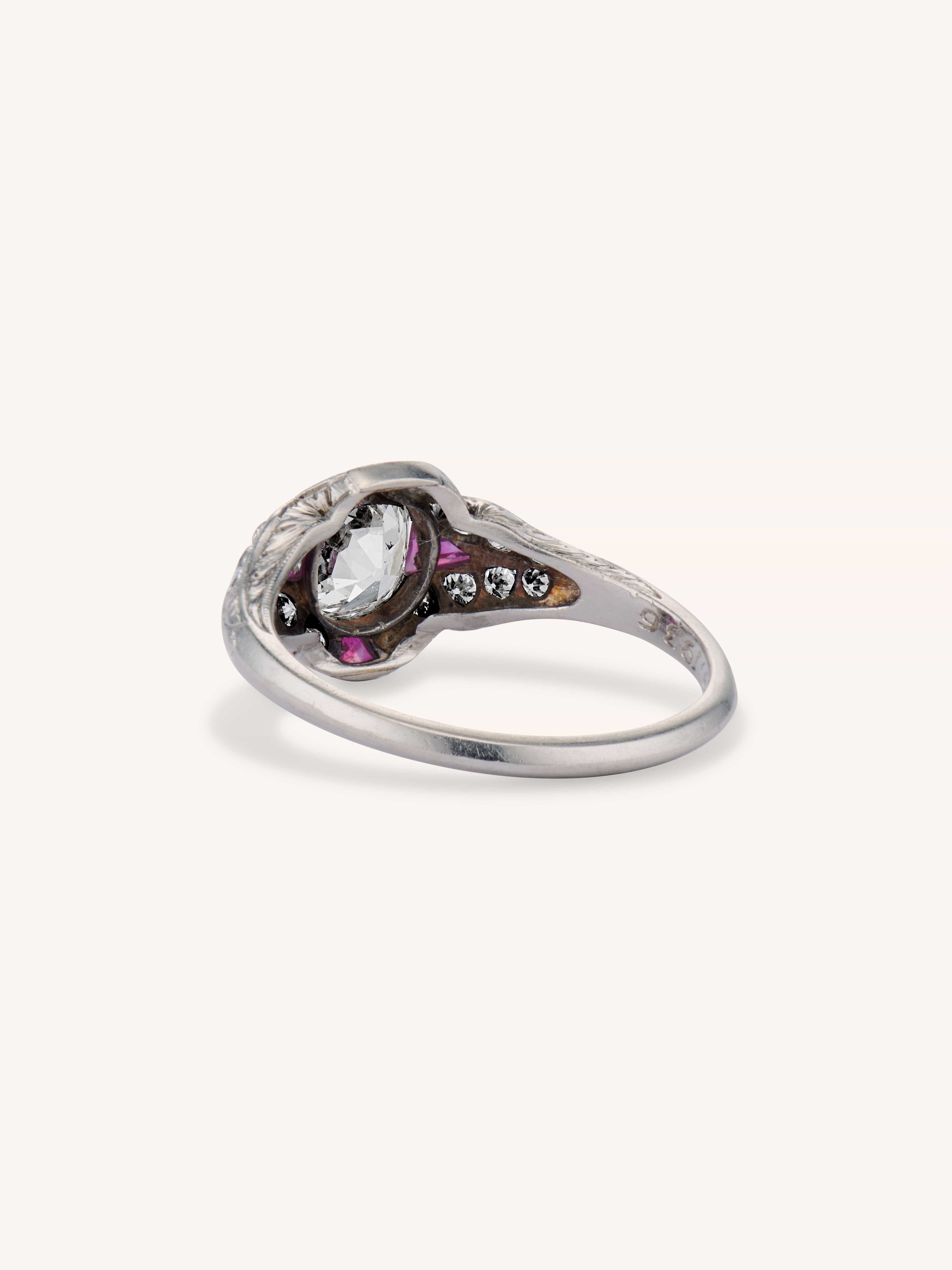Art Deco 1.03 Carat Old Mine Diamond & Ruby Platinum Antique Engagement Ring - Image 4