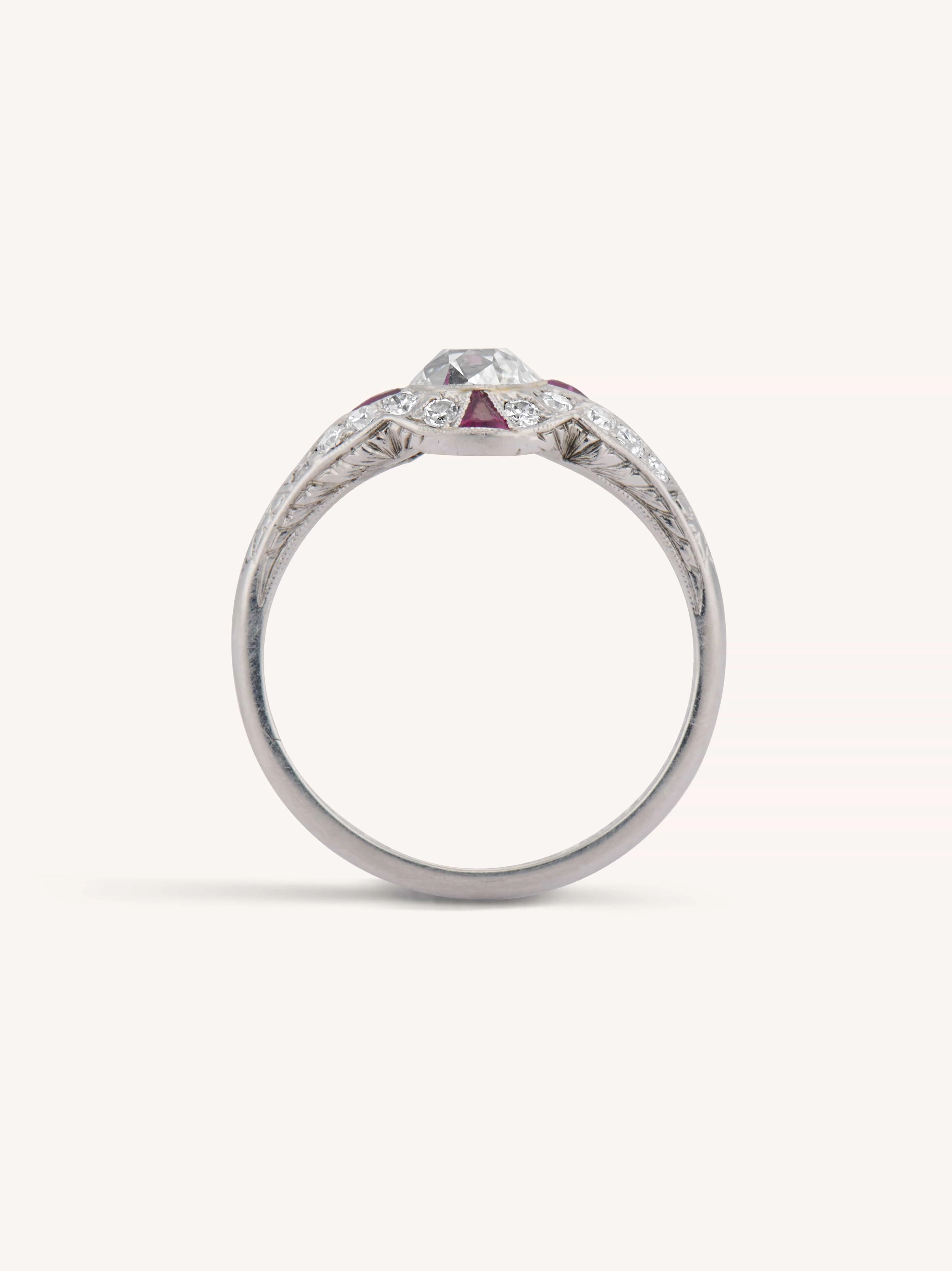 Art Deco 1.03 Carat Old Mine Diamond & Ruby Platinum Antique Engagement Ring - Image 5
