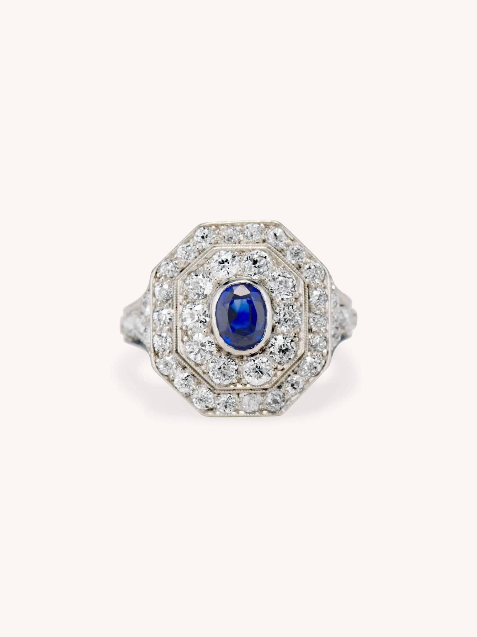 Art Deco Oval Cut Sapphire & Diamond Octagonal Dinner Ring