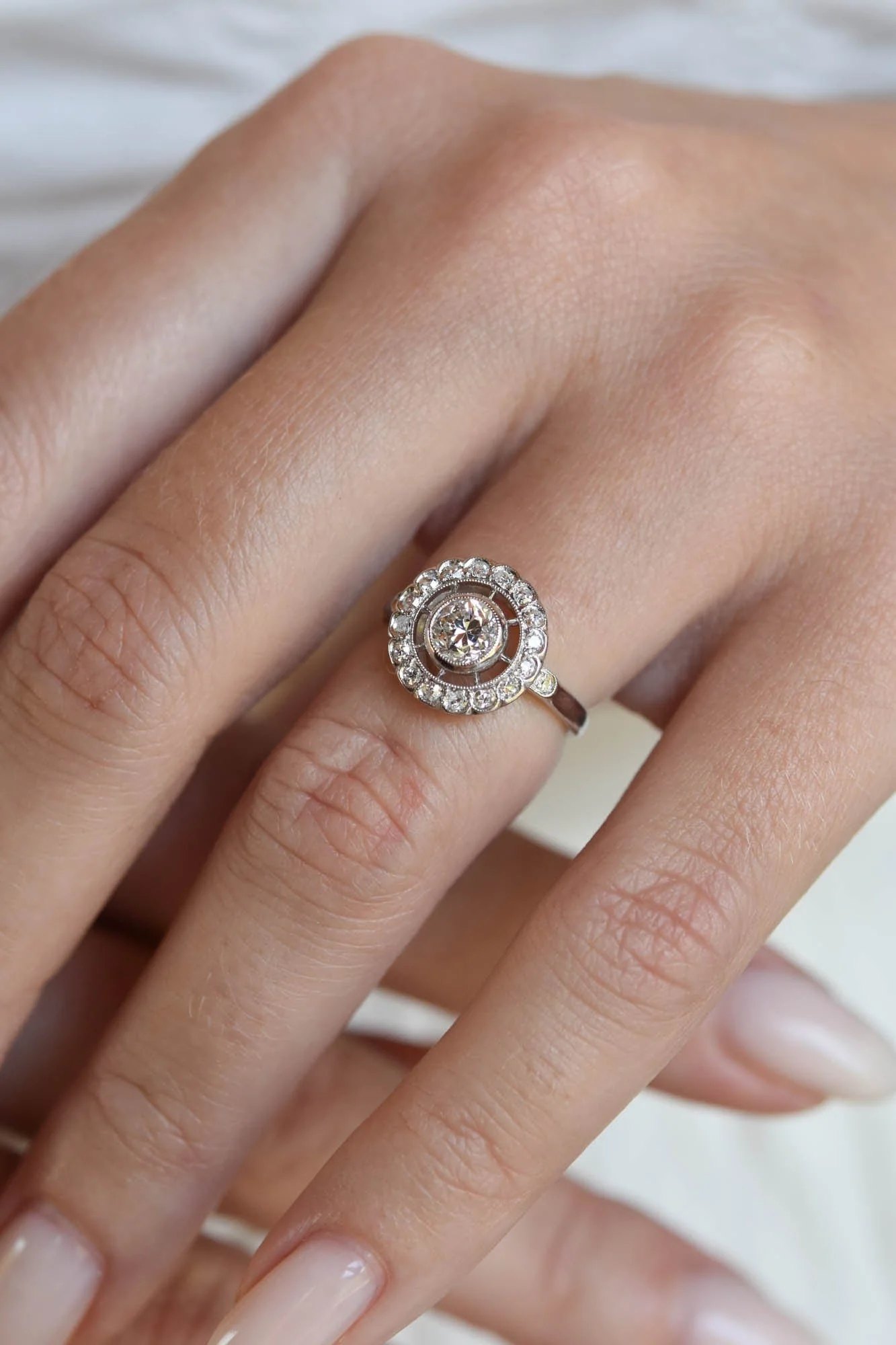 Art Deco Old European Cut Diamond Cluster Vintage Engagement Ring, France - Image 2