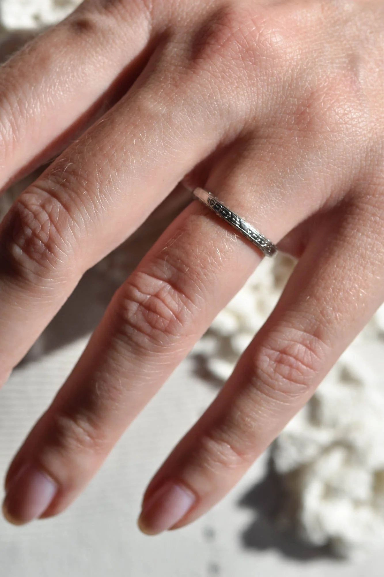 Art Deco Platinum Foliate & Geometric Engraved Vintage Band - Size 5.25 - Image 2