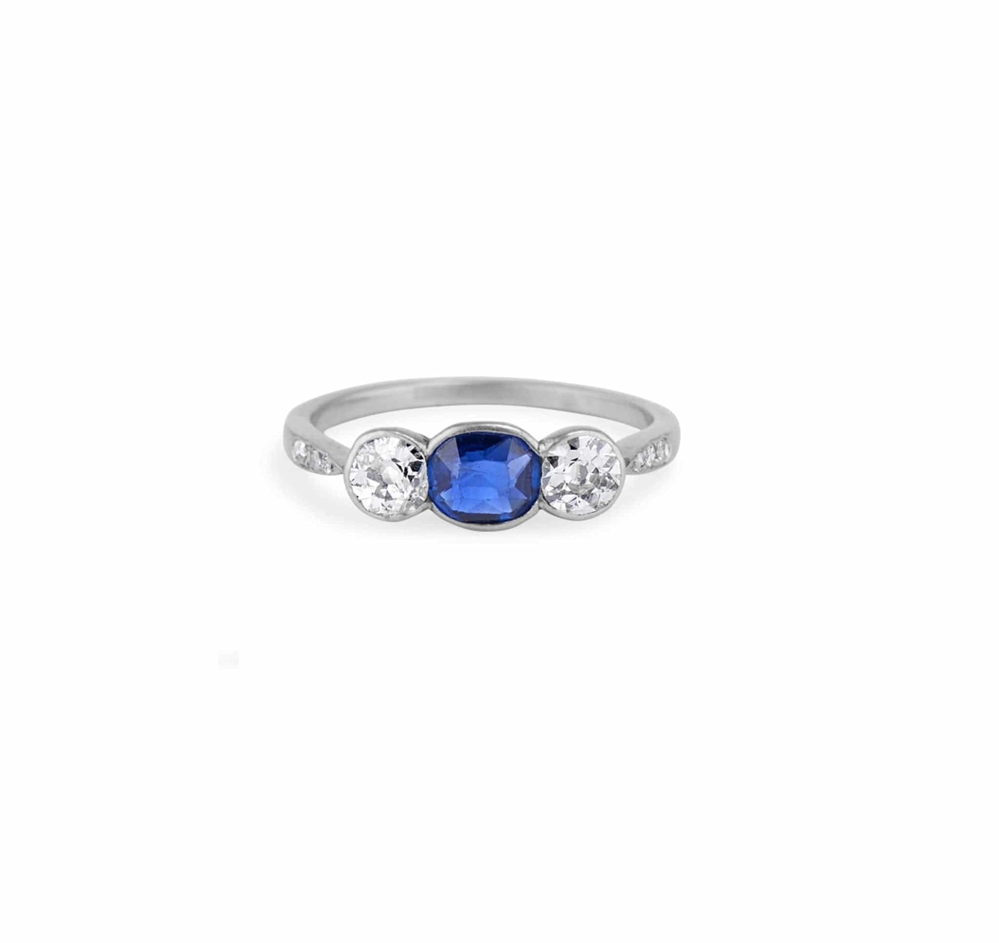 Art Deco Sapphire and Diamond Three Stone Vintage Engagement Ring - Image 2