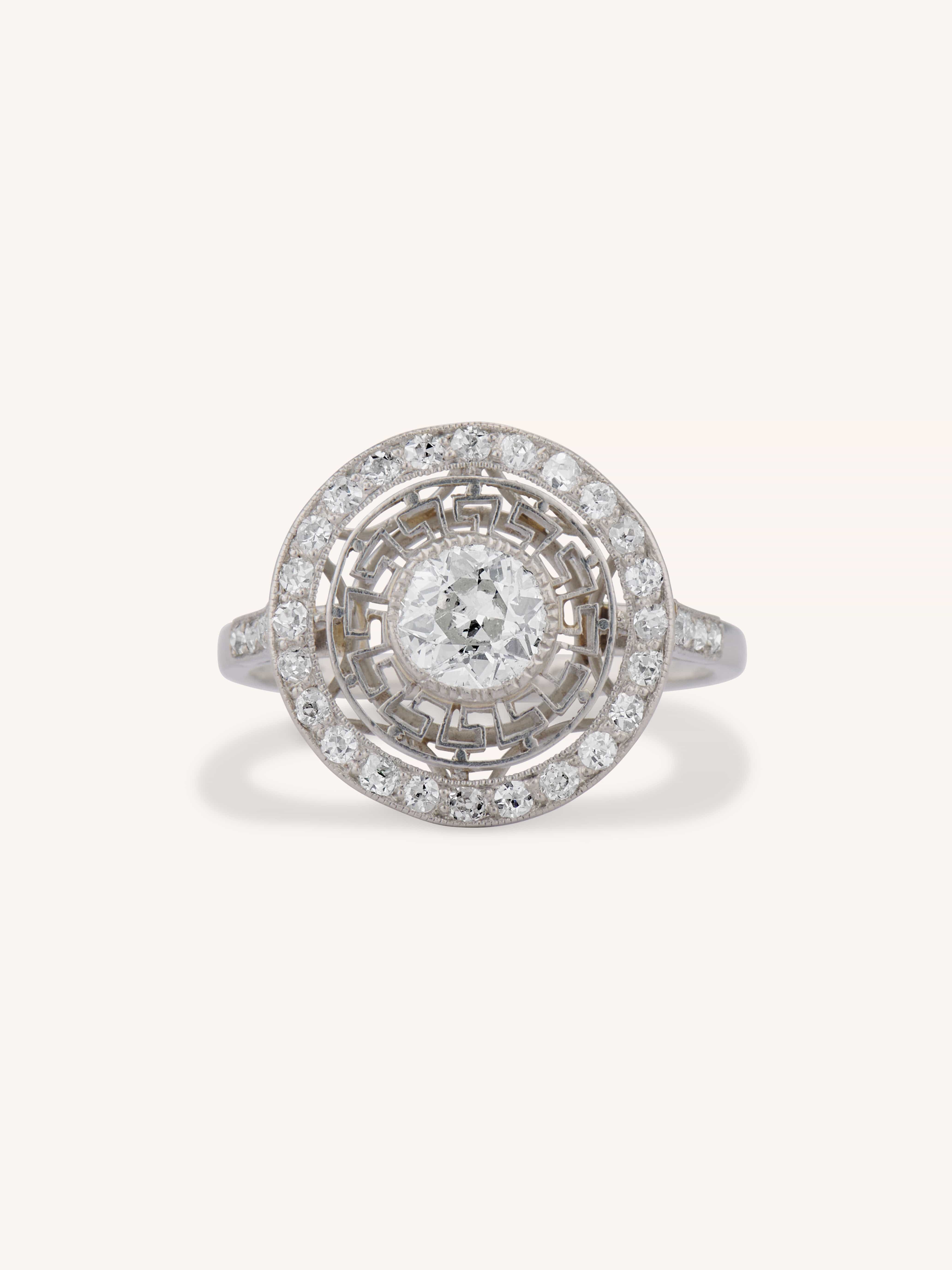 Art Deco Old European Cut Diamond Greek Key Halo Vintage Engagement Ring, France