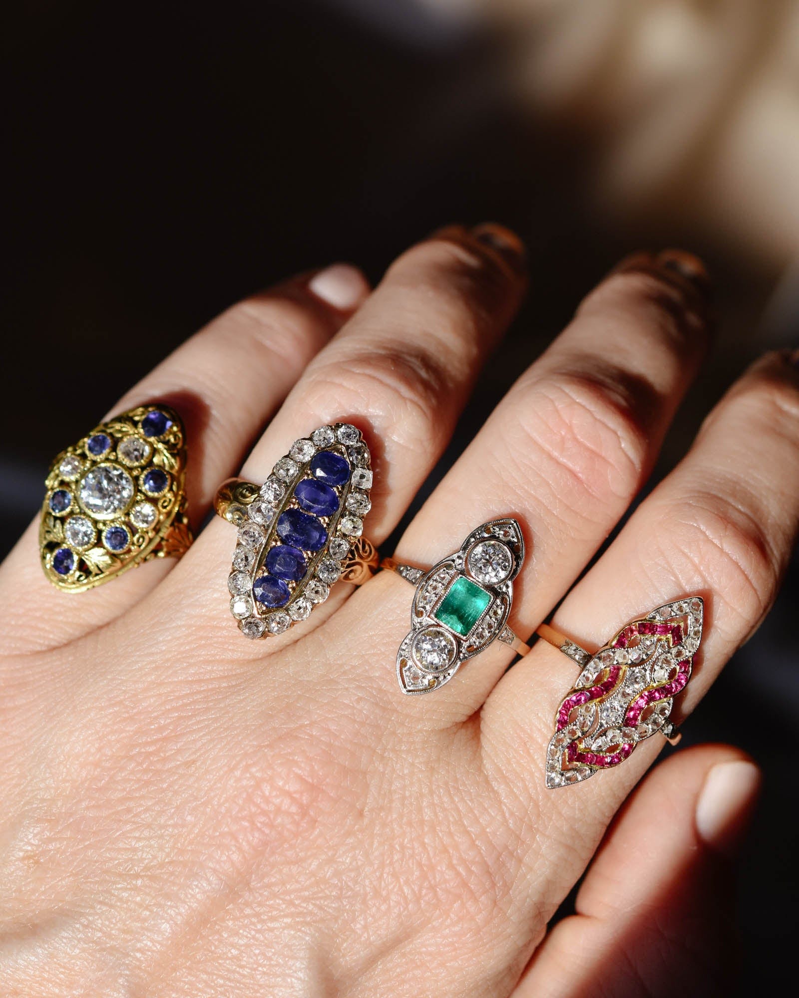 Art Nouveau Old European Cut Diamond & Sapphire Dinner Ring - Image 2
