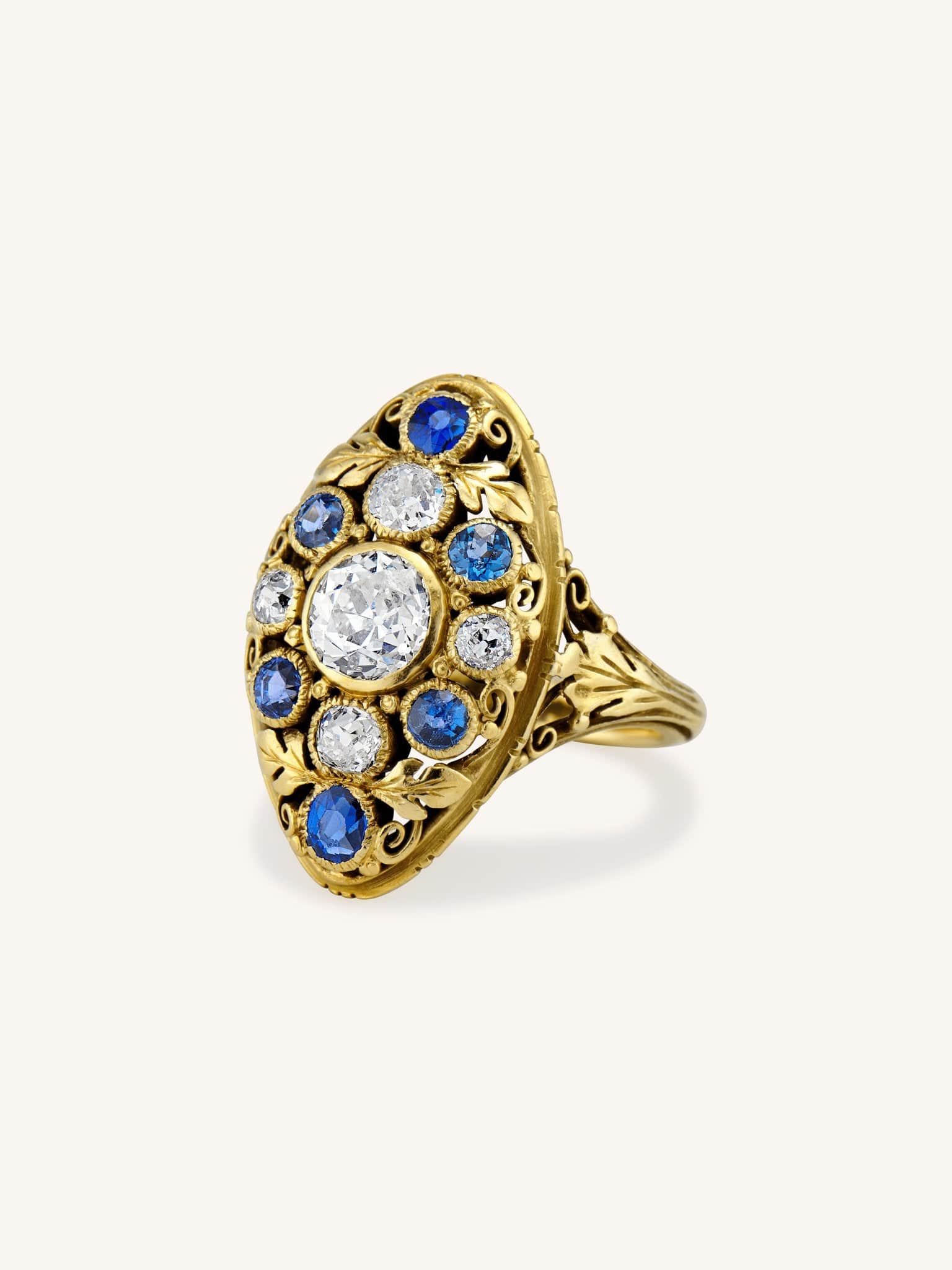 Art Nouveau Old European Cut Diamond & Sapphire Dinner Ring - Image 3