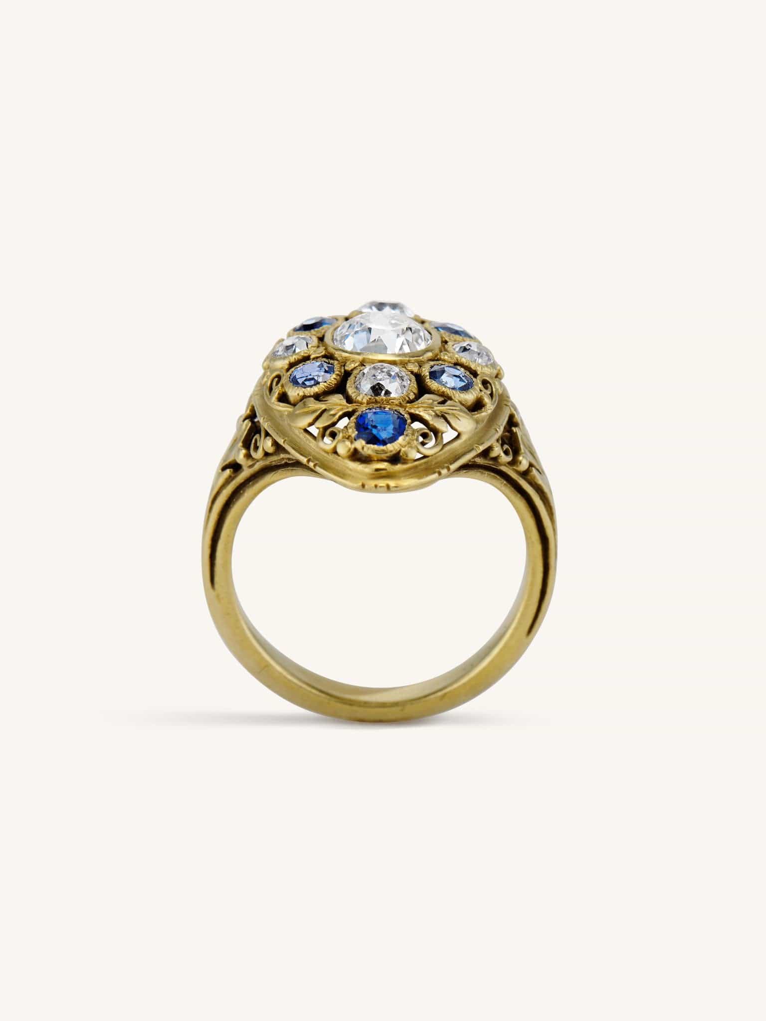 Art Nouveau Old European Cut Diamond & Sapphire Dinner Ring - Image 5