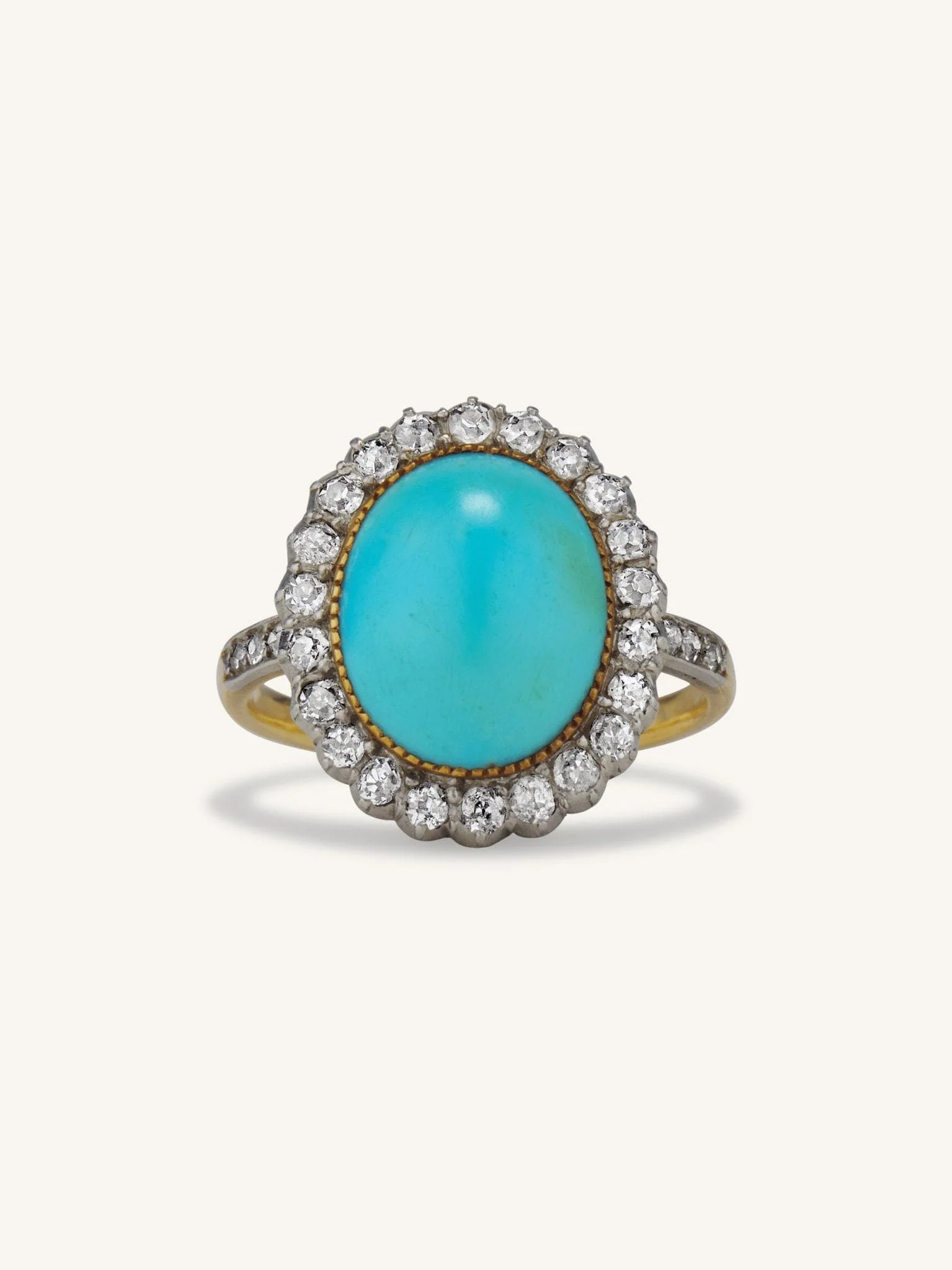 Belle Epoque Oval Cabochon Turquoise & Diamond Cluster Ring, France
