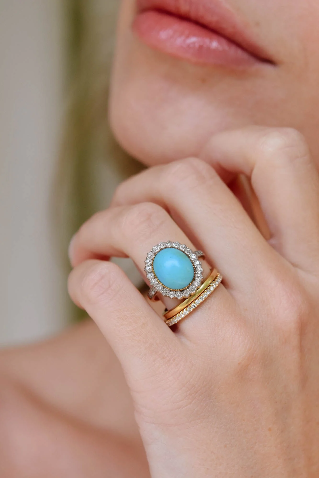 Belle Epoque Oval Cabochon Turquoise & Diamond Cluster Ring, France - Image 2