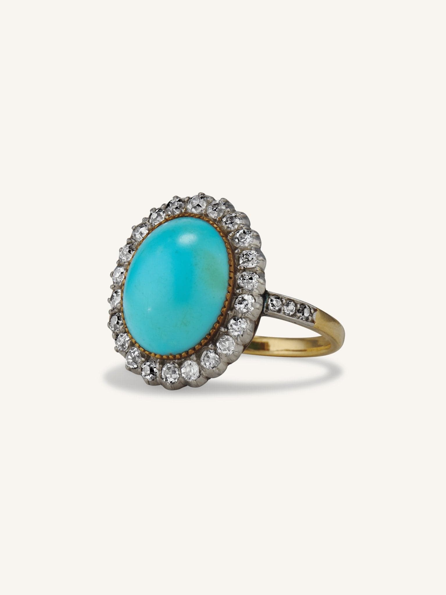 Belle Epoque Oval Cabochon Turquoise & Diamond Cluster Ring, France - Image 3