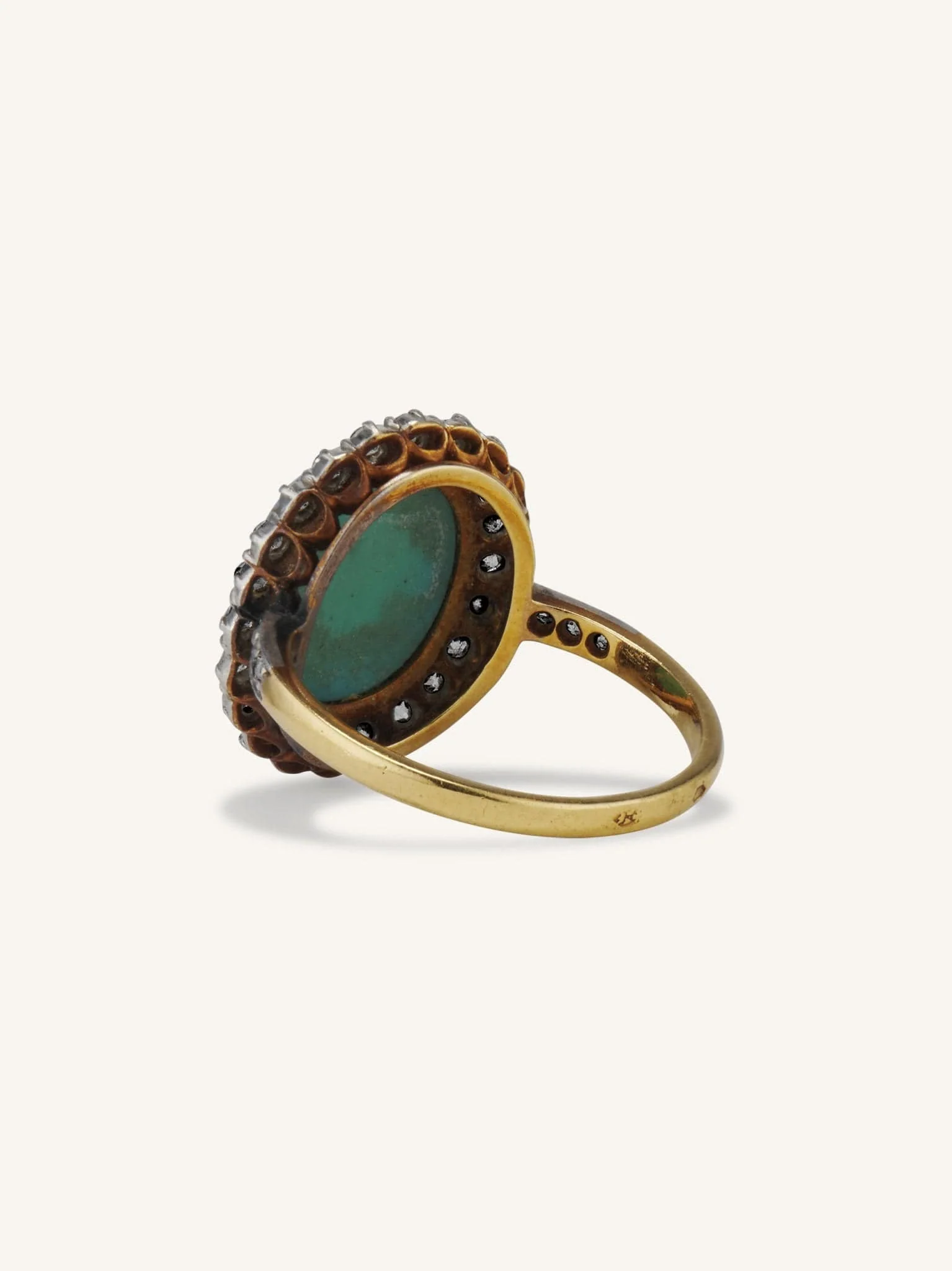 Belle Epoque Oval Cabochon Turquoise & Diamond Cluster Ring, France - Image 4