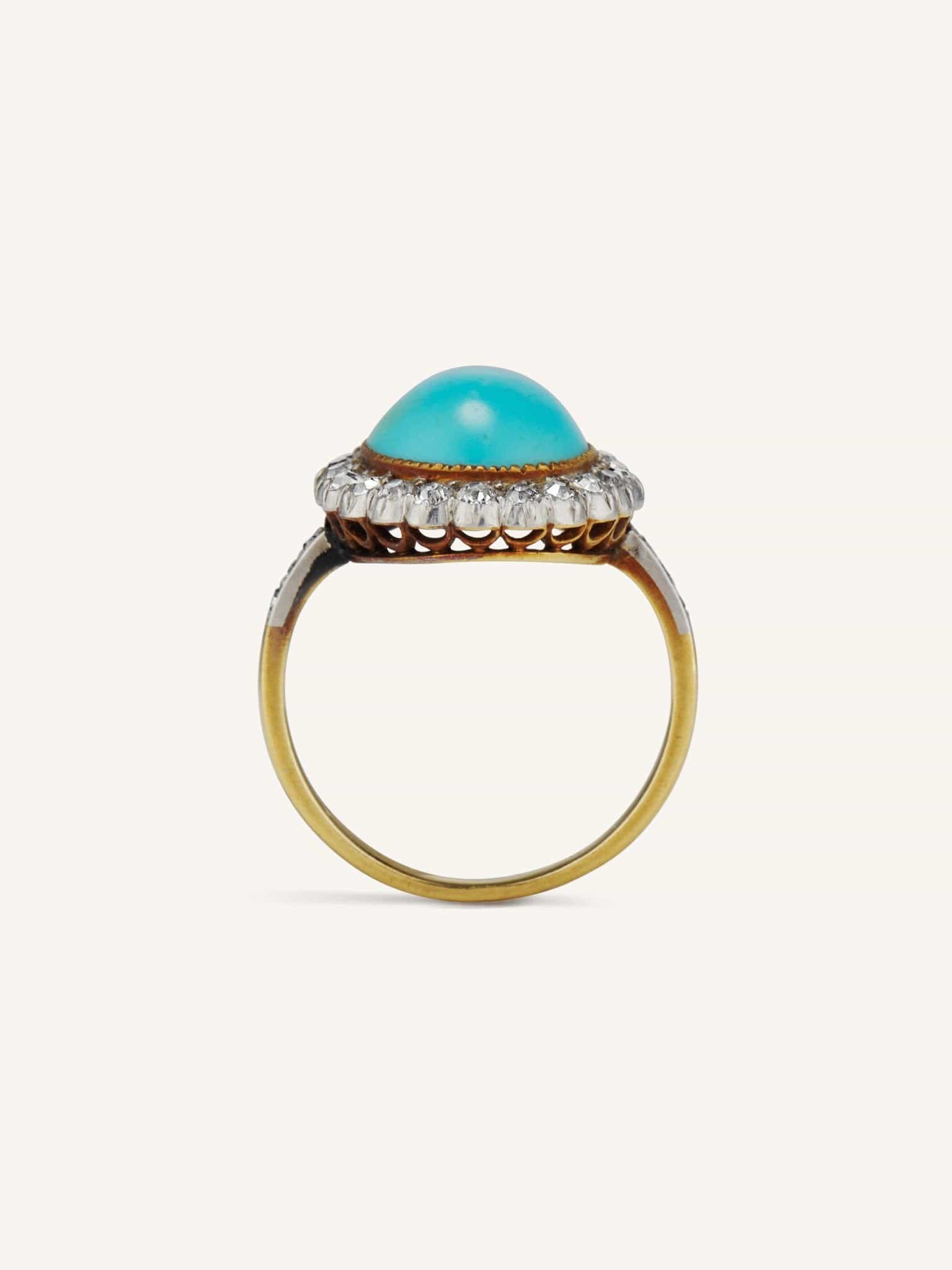 Belle Epoque Oval Cabochon Turquoise & Diamond Cluster Ring, France - Image 5