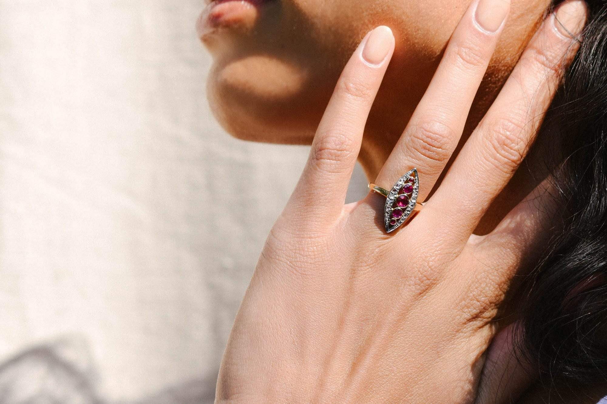 Belle Époque Ruby and Diamond Navette Ring, France - Image 5