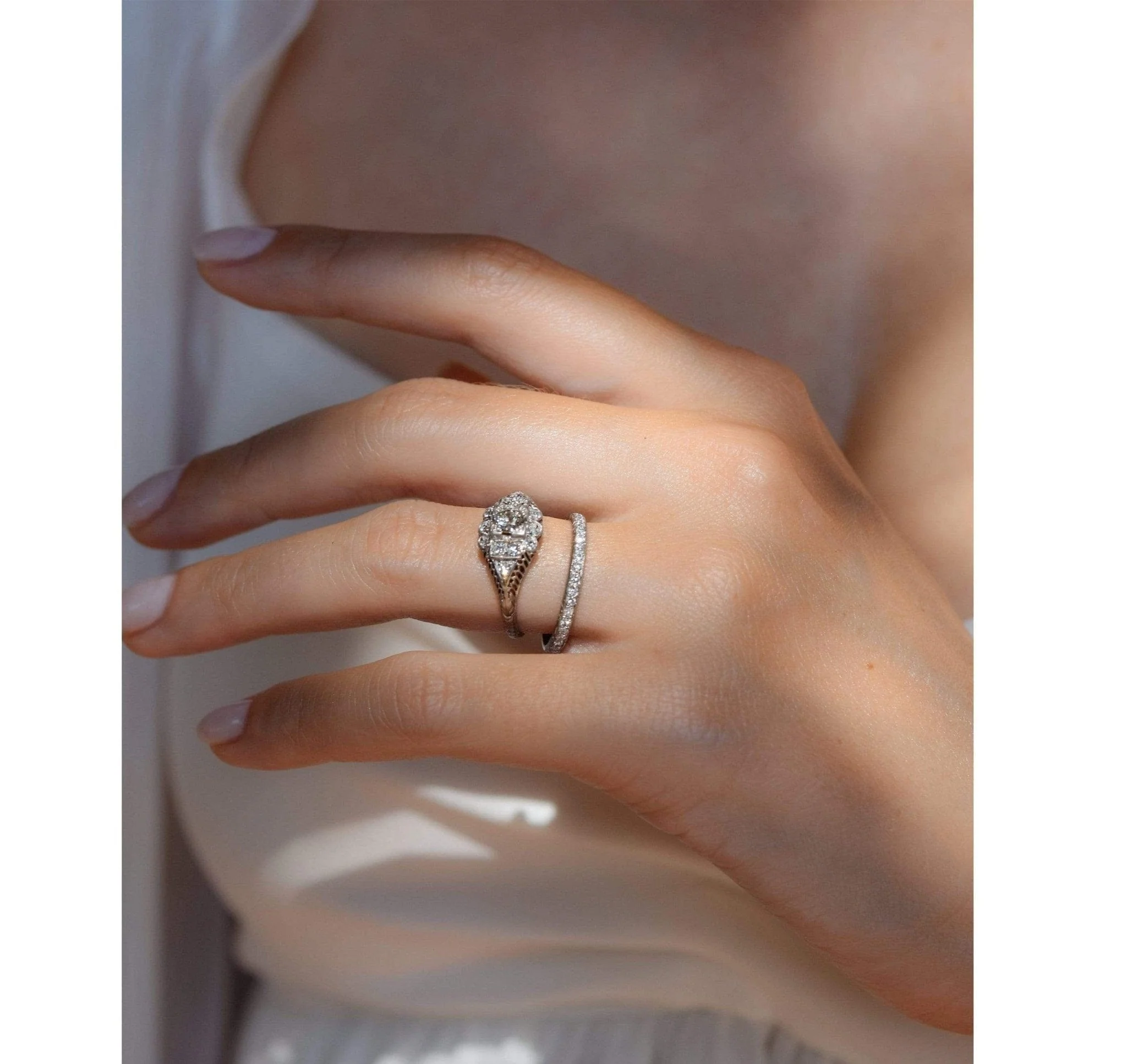 Edwardian Diamond and Platinum Cluster Engagement Ring - Image 7