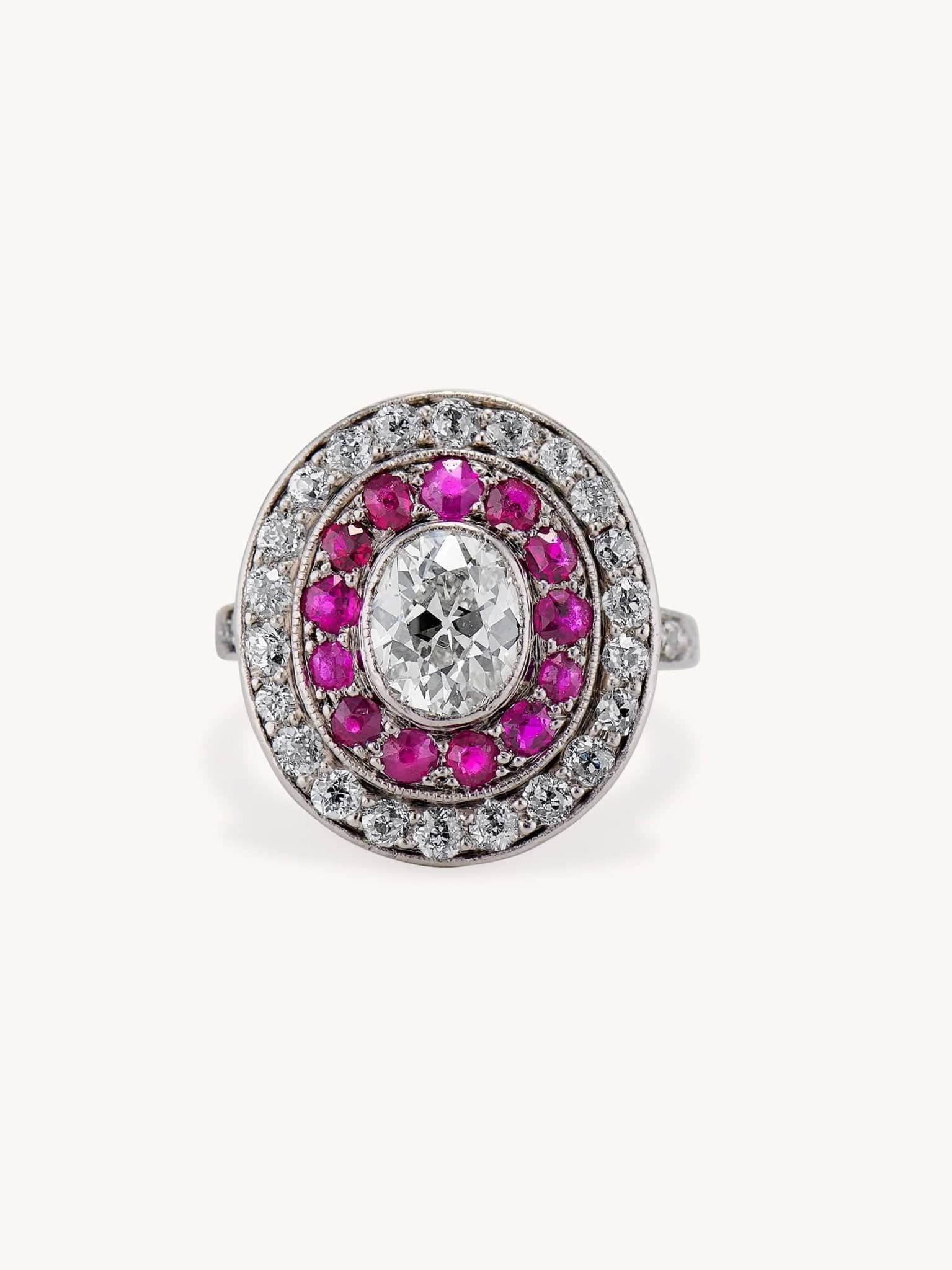 Early Art Deco 1.00 Carat Oval Cut Diamond & Ruby Cluster
