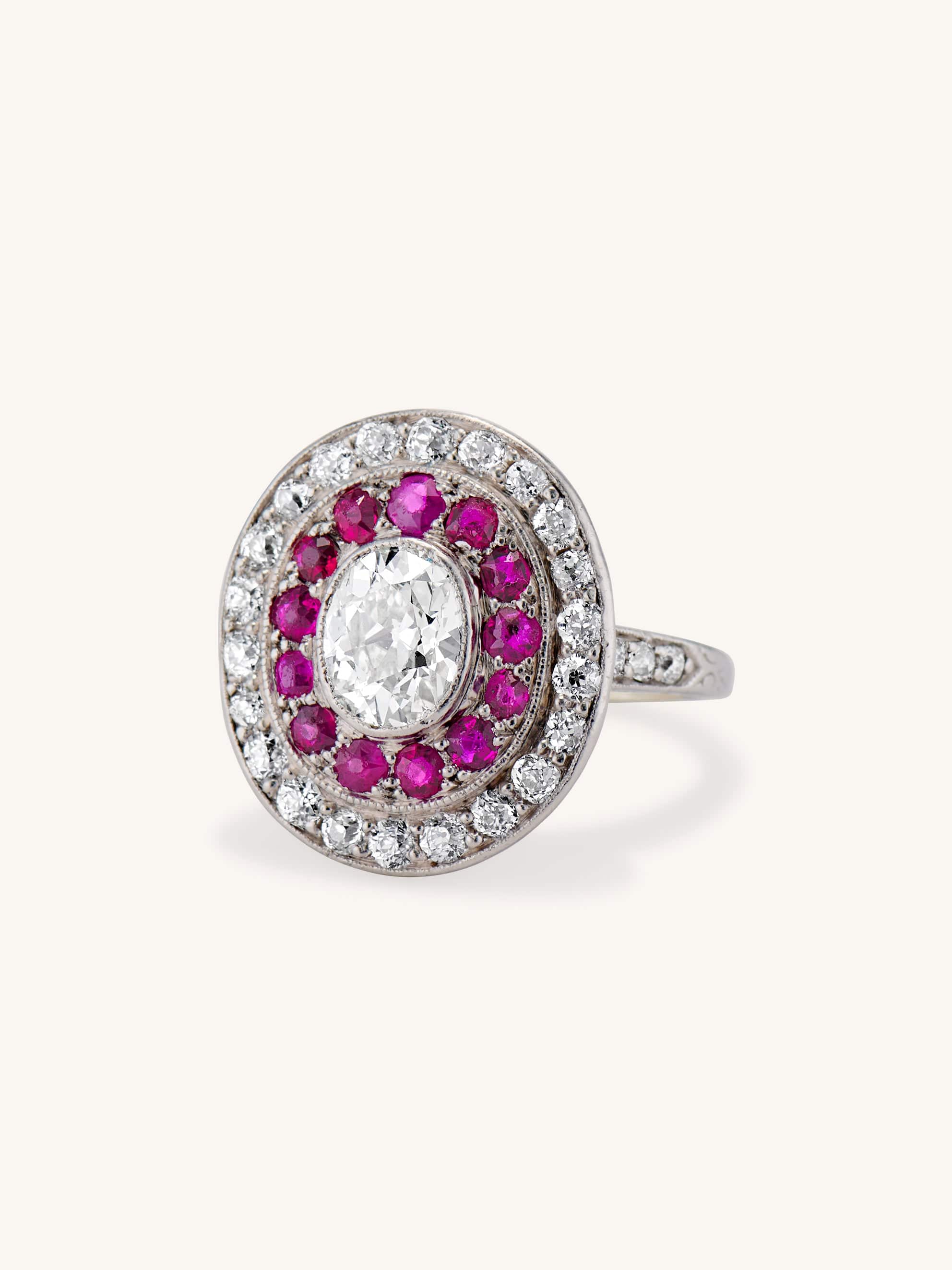 Early Art Deco 1.00 Carat Oval Cut Diamond & Ruby Cluster - Image 2