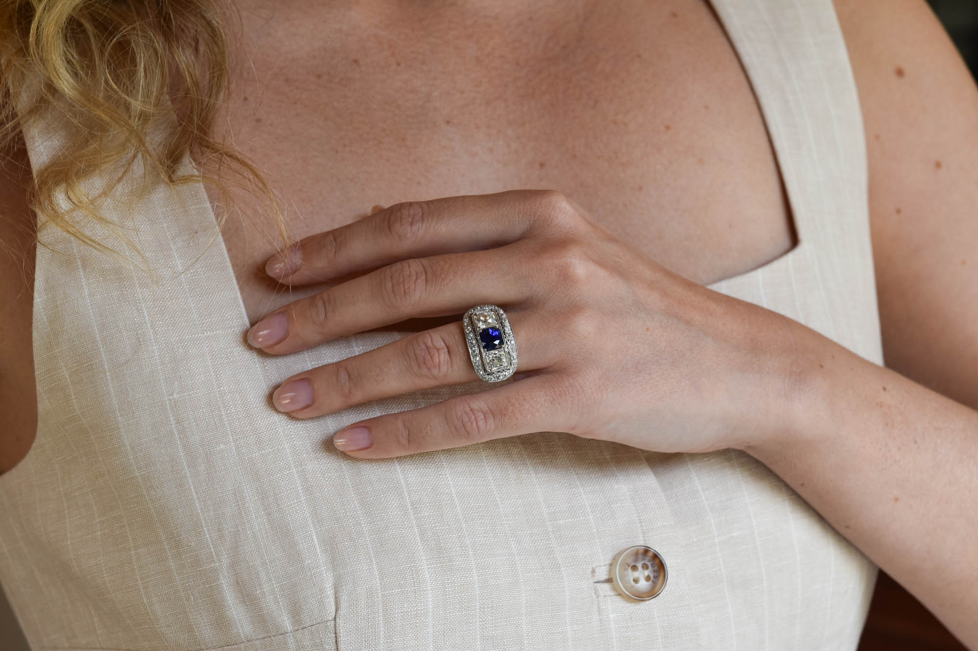 Early Art Deco 2.15 Carat Old Mine Cushion Cut Sapphire & Diamond Ring - Image 3