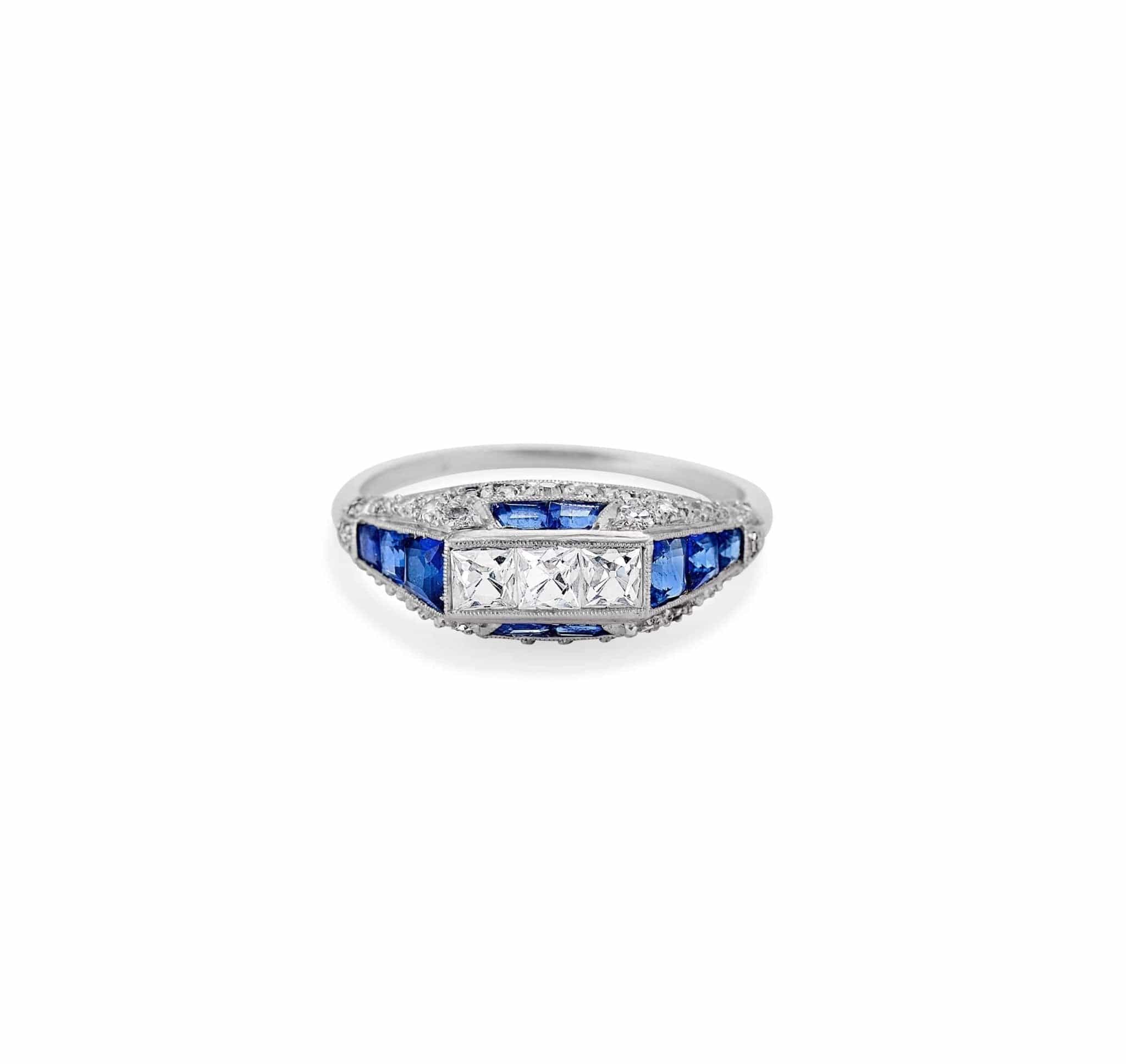 Early Art Deco French Cut Diamond & Sapphire Ring - Image 2