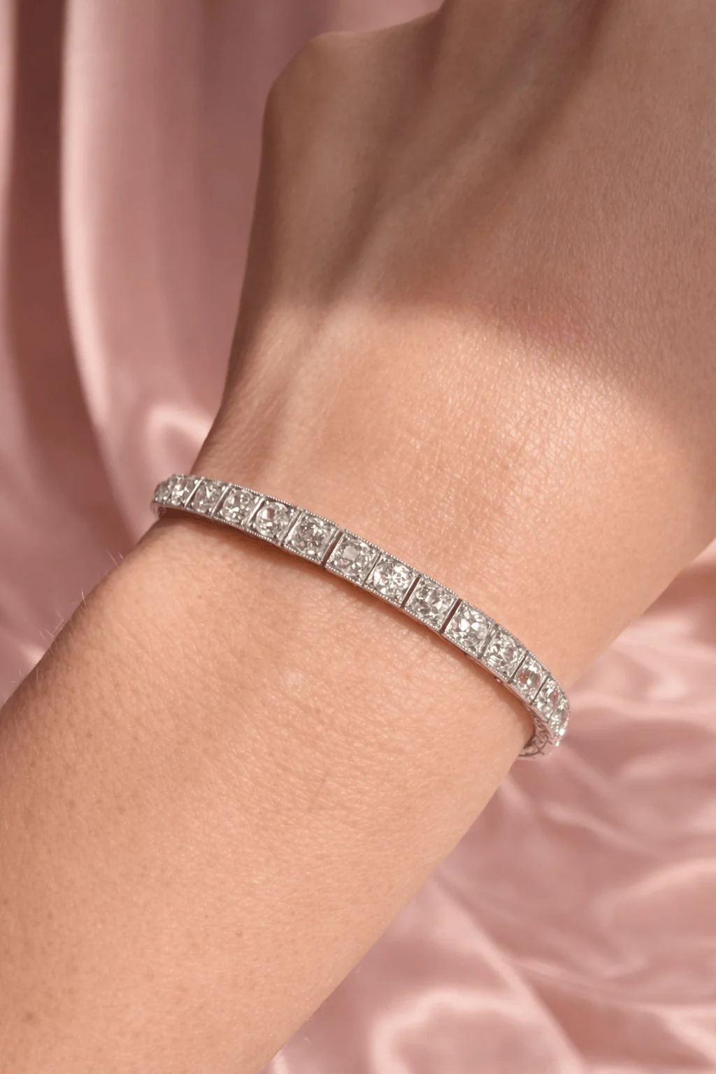 Early Art Deco Old Mine Cut Diamond Platinum Antique Line Bracelet - Image 2