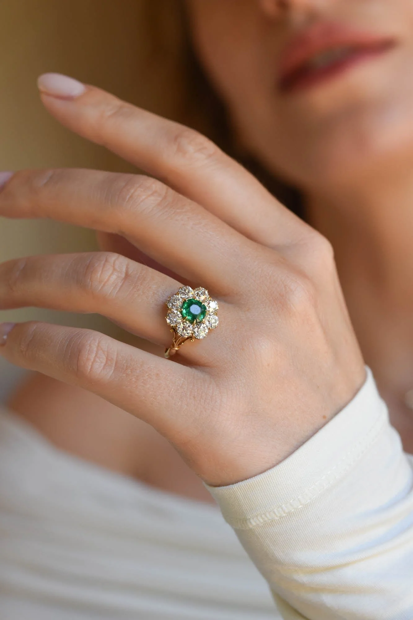 Antique Edwardian Colombian Emerald & Diamond Cluster 18K Gold Engagement Ring - Image 8