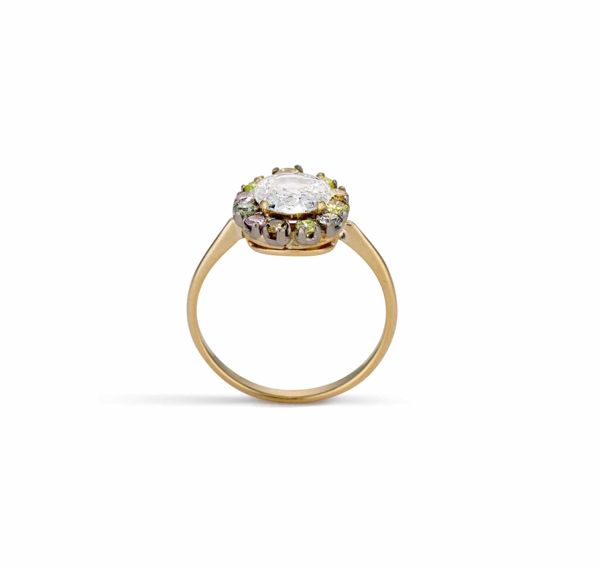Edwardian 1.00 Carat Cushion-Cut Multicolored Diamond Cluster Engagement Ring - Image 4