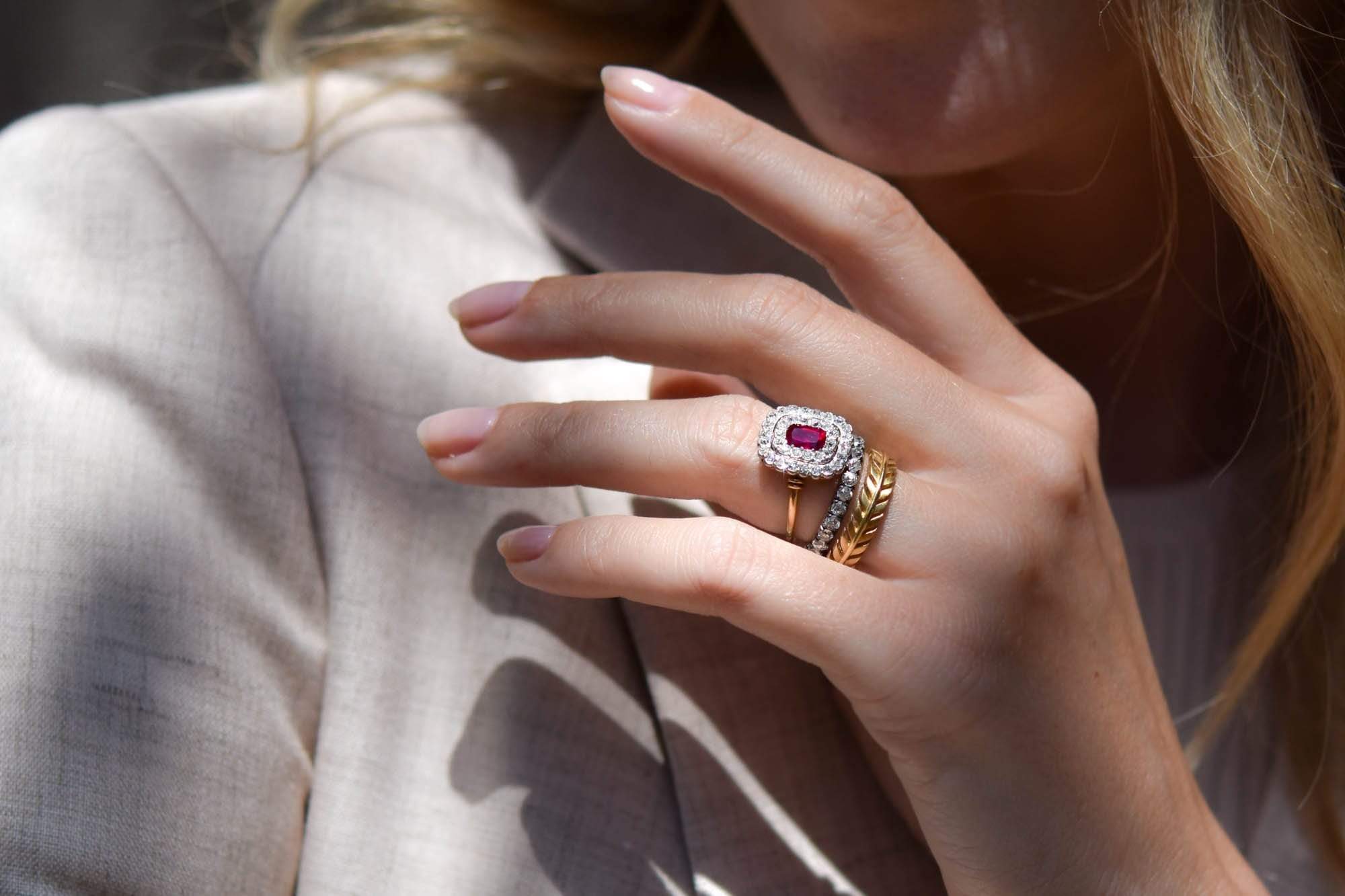 Edwardian 1.00 Carat Cushion Cut "Pigeon's Blood" Ruby & Diamond Cluster Engagement Ring - Image 5