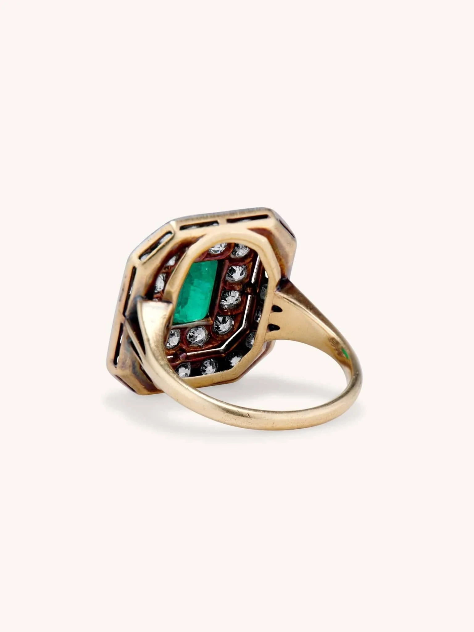 Edwardian 1.02 Carat Emearld Cut Emerald and Diamond Square Cluster Ring - Image 5