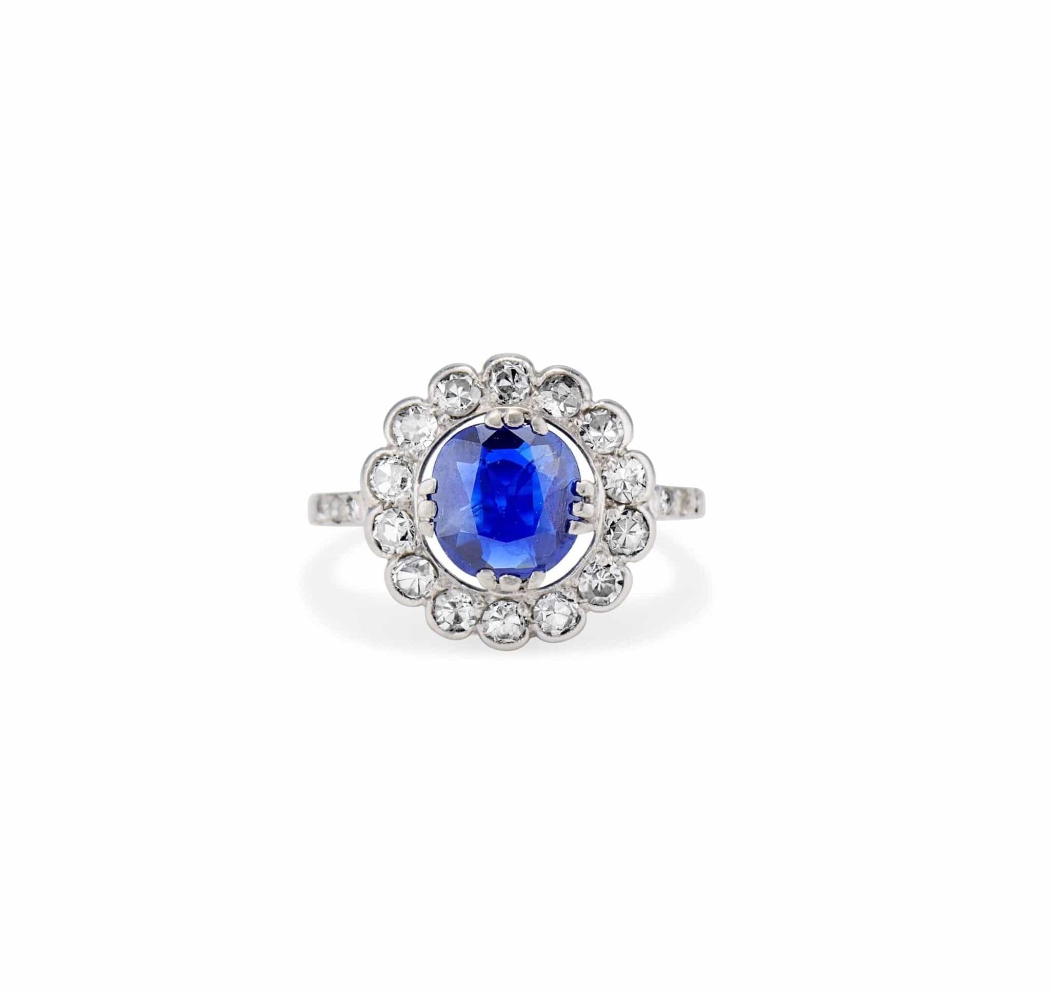Edwardian 1.18 Carat Cushion Sapphire and Diamond Cluster Ring