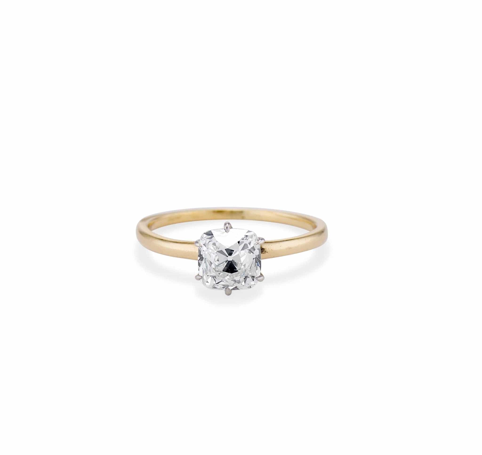 Edwardian 1.55 Carat Old Mine Cushion Cut Diamond Solitaire Engagement Ring