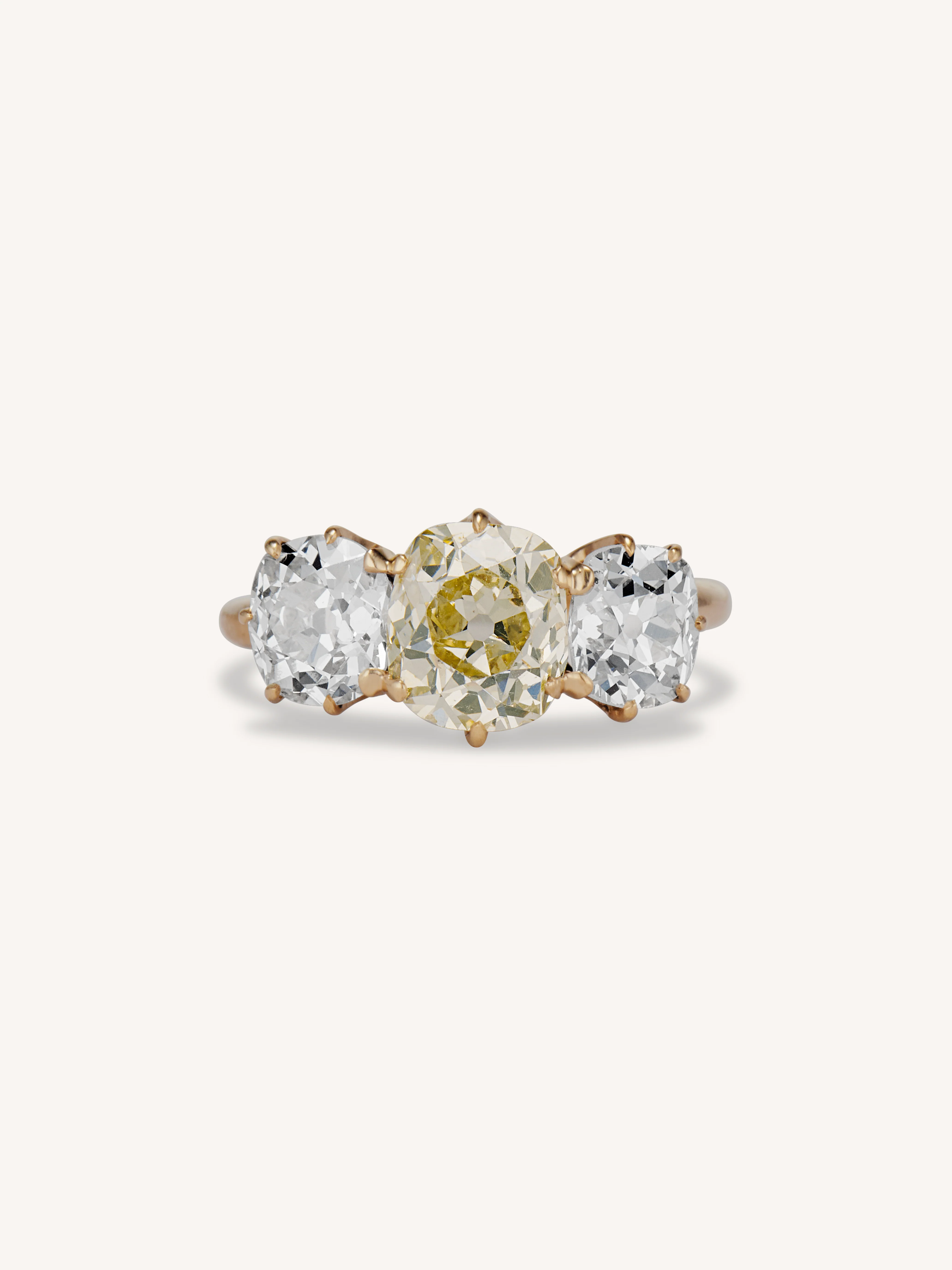 Edwardian 1.85 Carat Fancy Cushion Cut Yellow Diamond Three Stone Vintage Engagement Ring