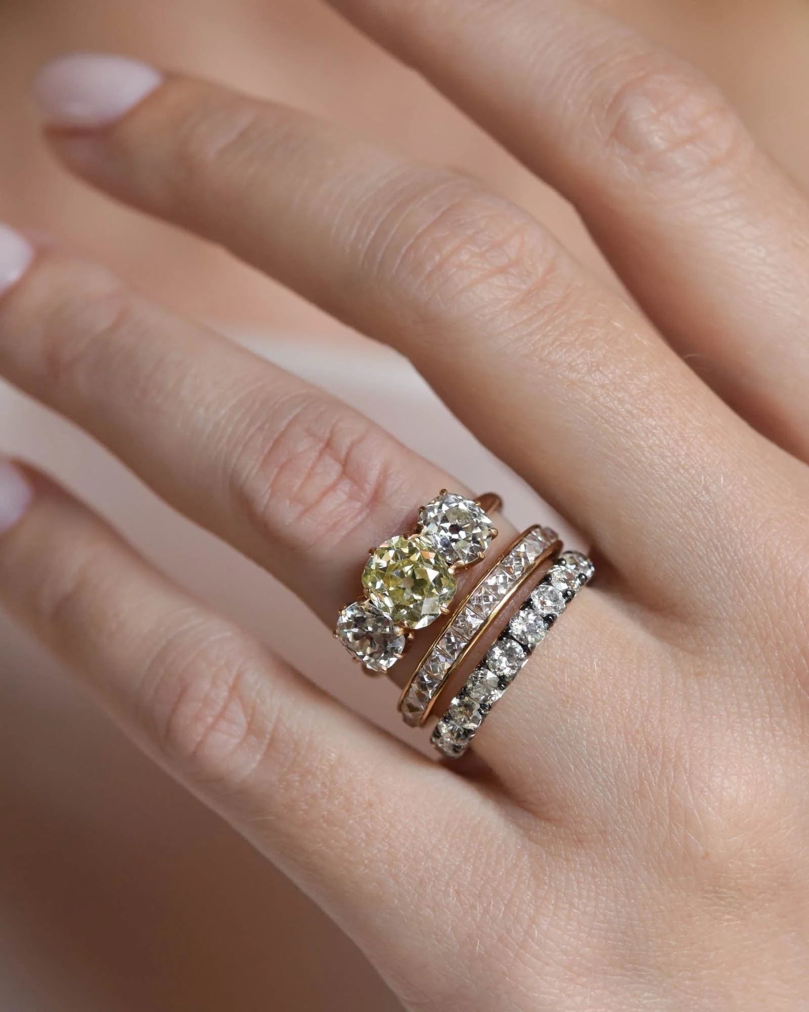 Edwardian 1.85 Carat Fancy Cushion Cut Yellow Diamond Three Stone Vintage Engagement Ring - Image 2