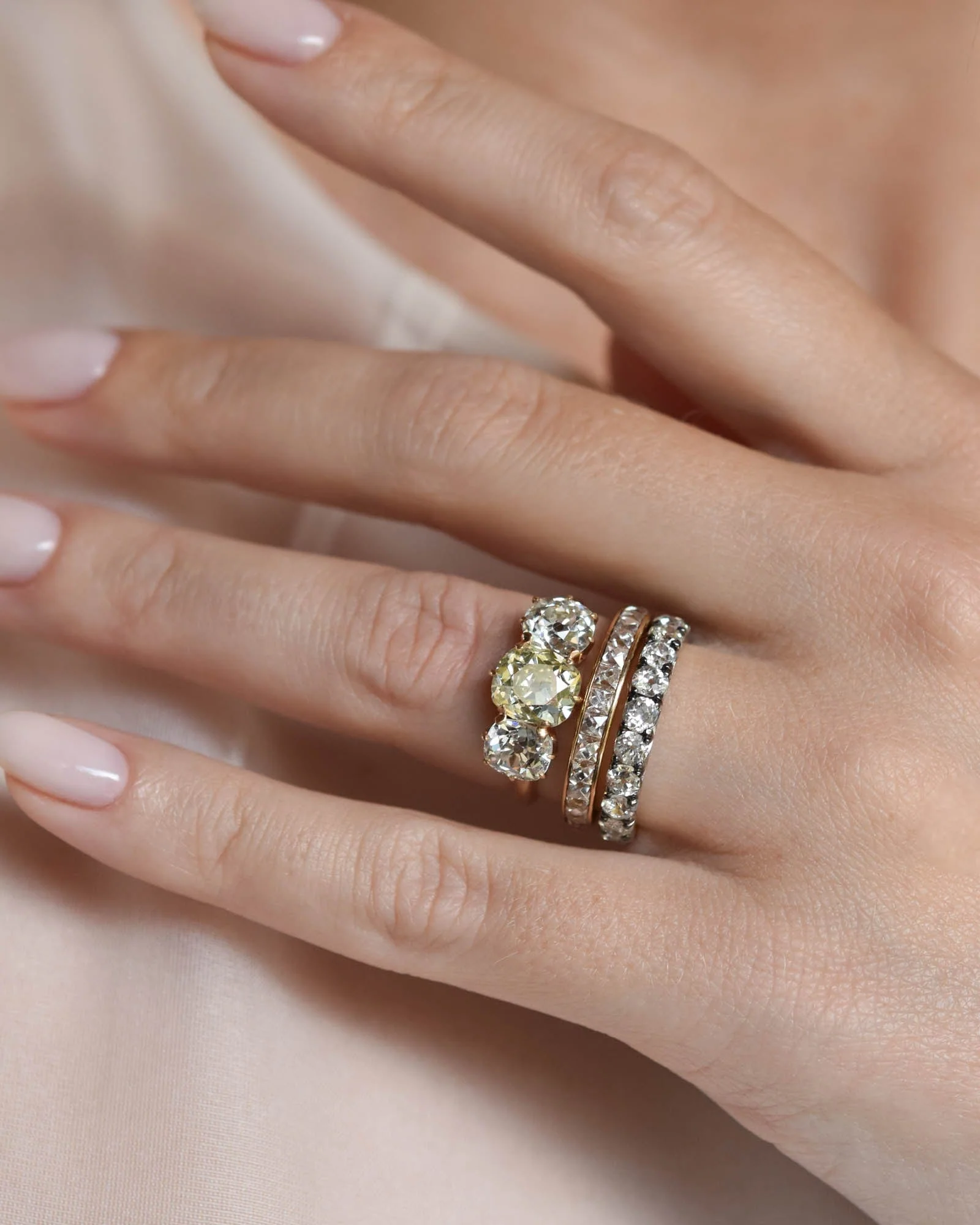 Edwardian 1.85 Carat Fancy Cushion Cut Yellow Diamond Three Stone Vintage Engagement Ring - Image 3
