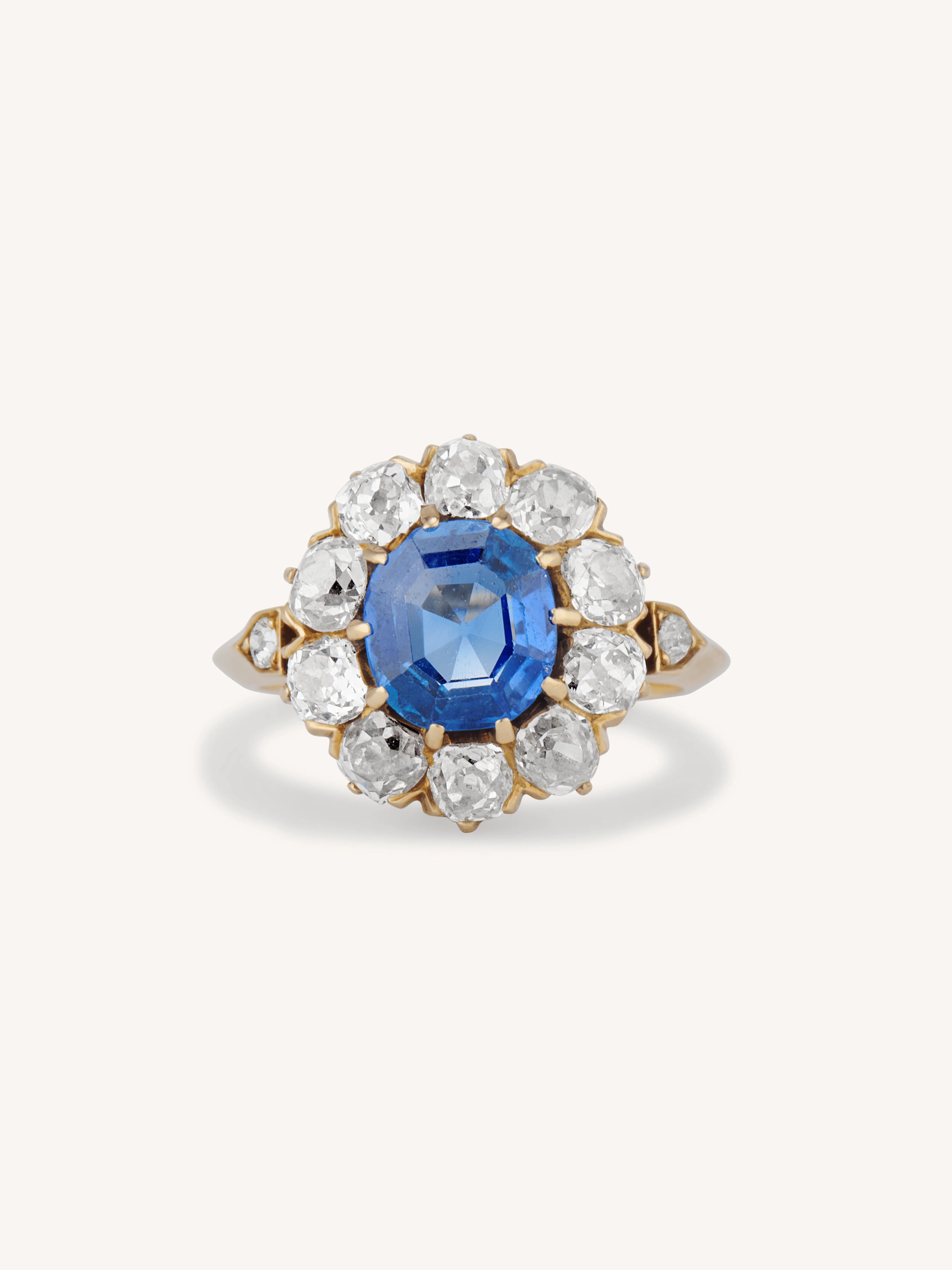 Edwardian 2.35 Carat Octagonal Cut Ceylon Sapphire & Diamond Cluster Ring
