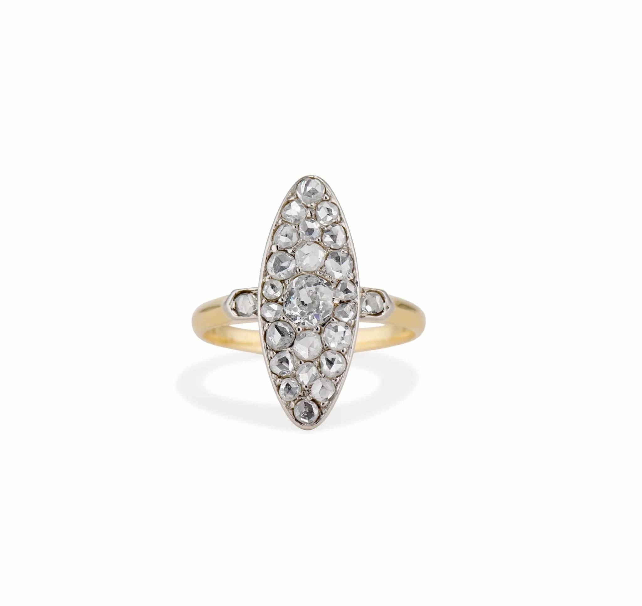 Edwardian .28 Carat Old European and Rose Cut Diamond Navette Cluster Ring