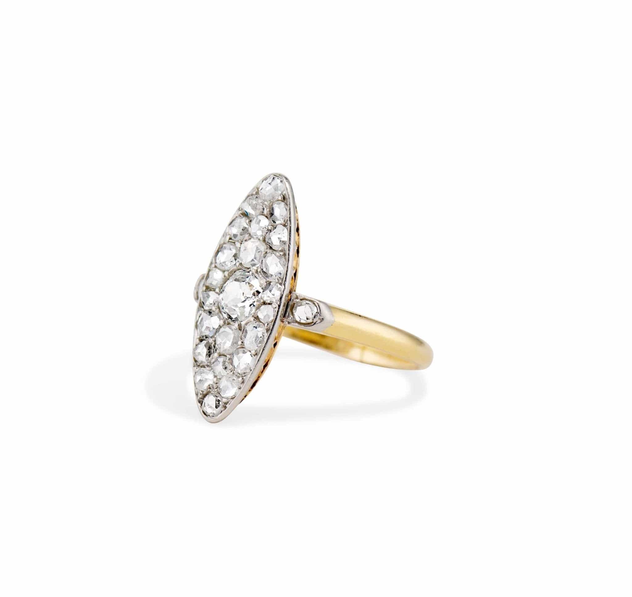 Edwardian .28 Carat Old European and Rose Cut Diamond Navette Cluster Ring - Image 2