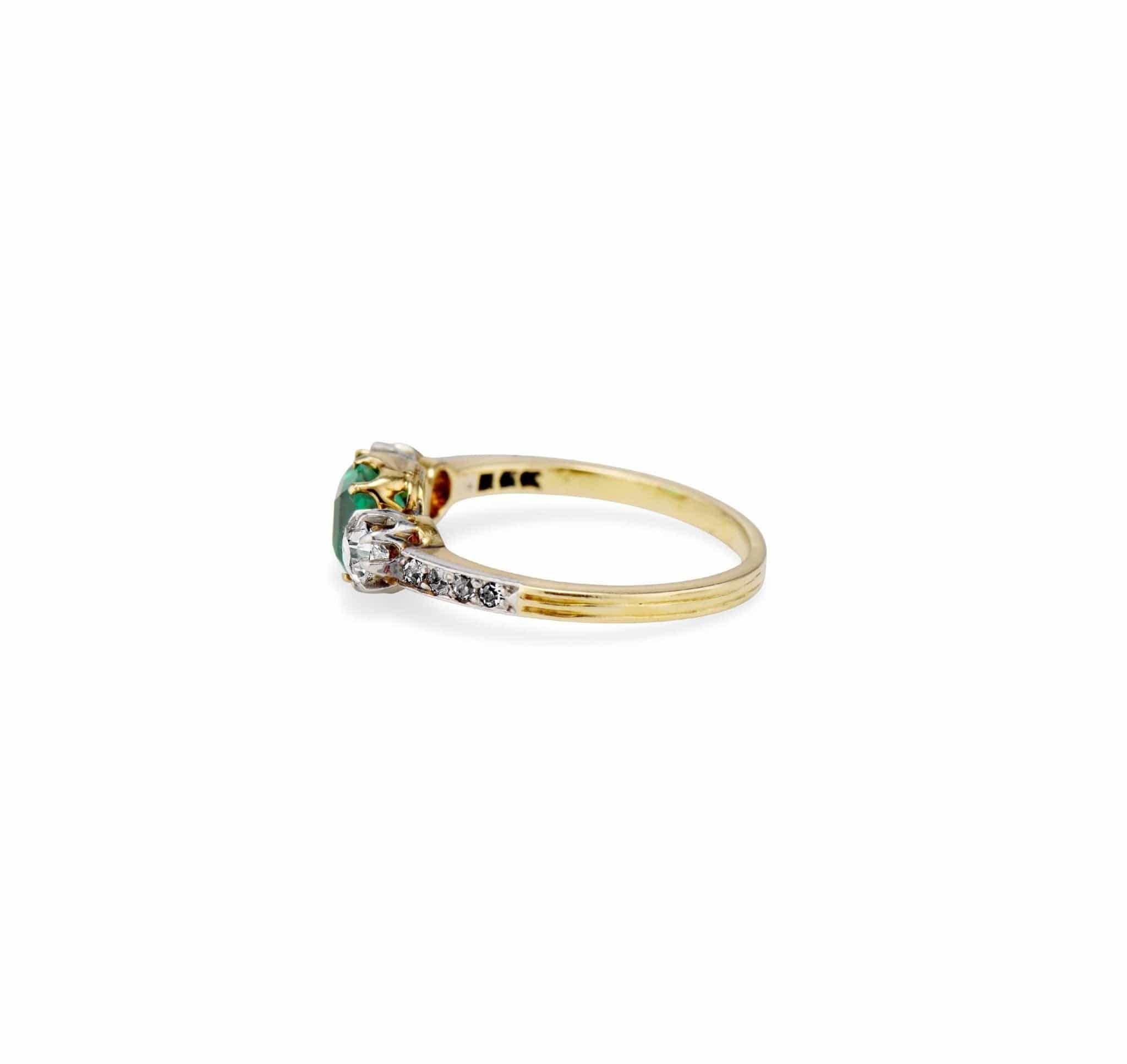 Late Edwardian .71 Carat Colombian Emerald-Cut Emerald and Diamond Three-Stone Ring - Image 3