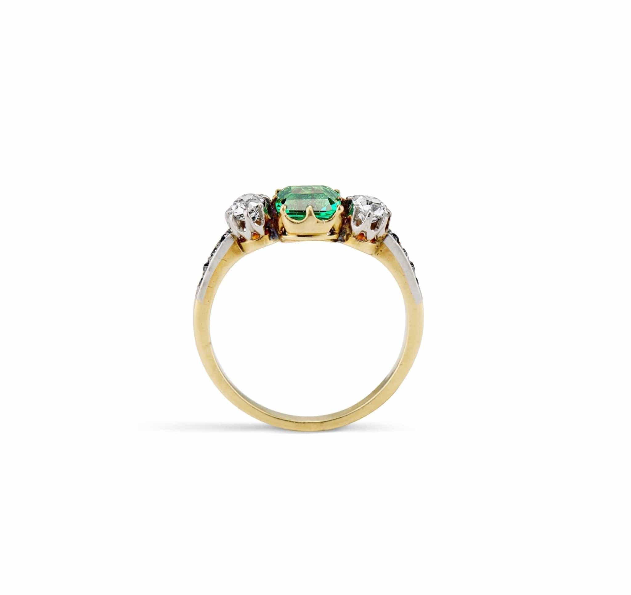 Late Edwardian .71 Carat Colombian Emerald-Cut Emerald and Diamond Three-Stone Ring - Image 4