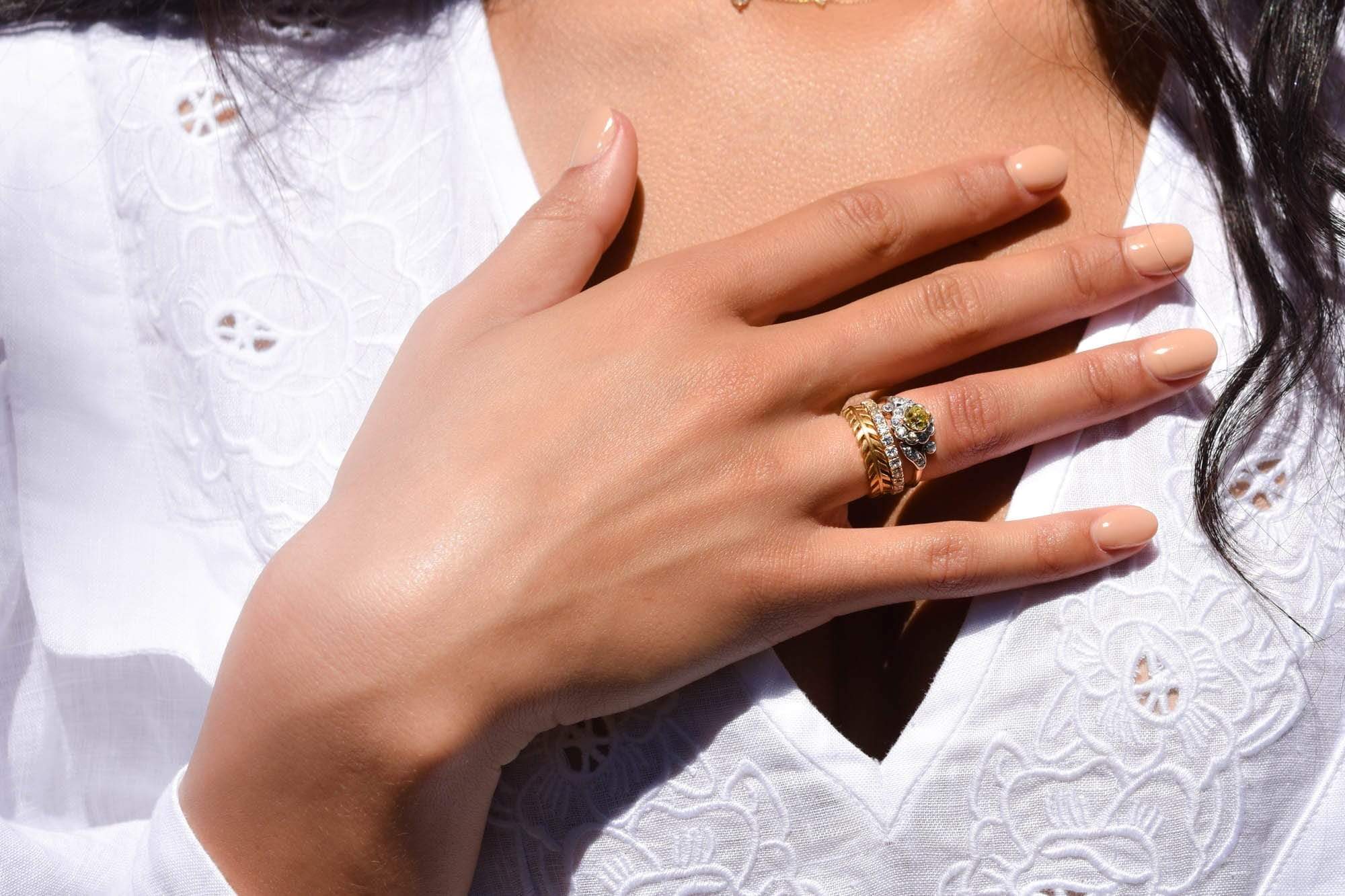 Edwardian .74 Carat Old European Cut Fancy Intense Yellow Diamond Flower Motif Engagement Ring - Image 4