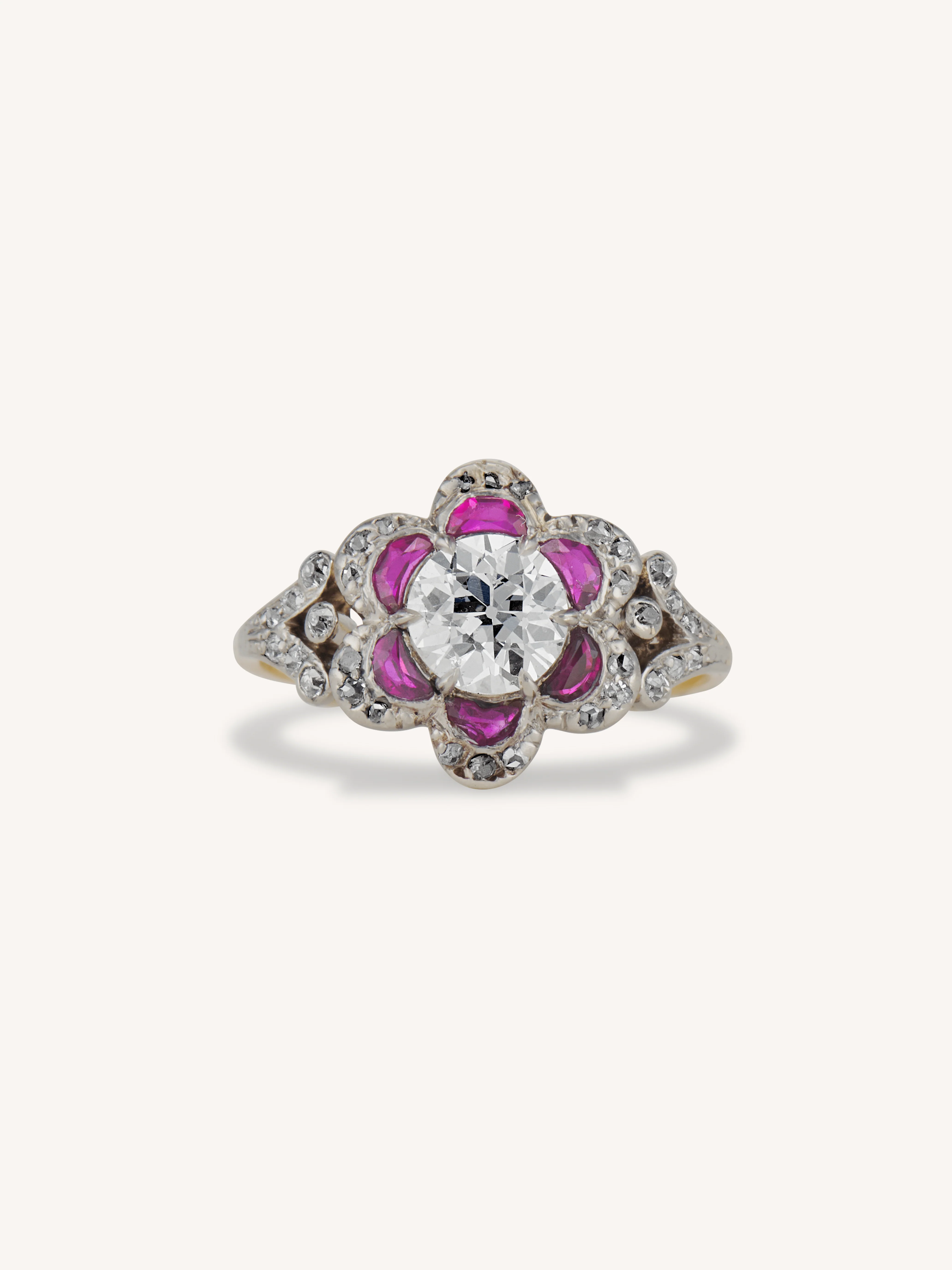 Edwardian Old European Cut Diamond & Ruby Florette Cluster Vintage Engagement Ring