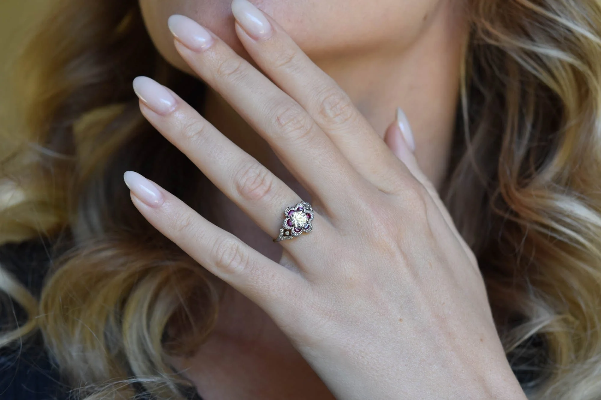 Edwardian Old European Cut Diamond & Ruby Florette Cluster Vintage Engagement Ring - Image 3