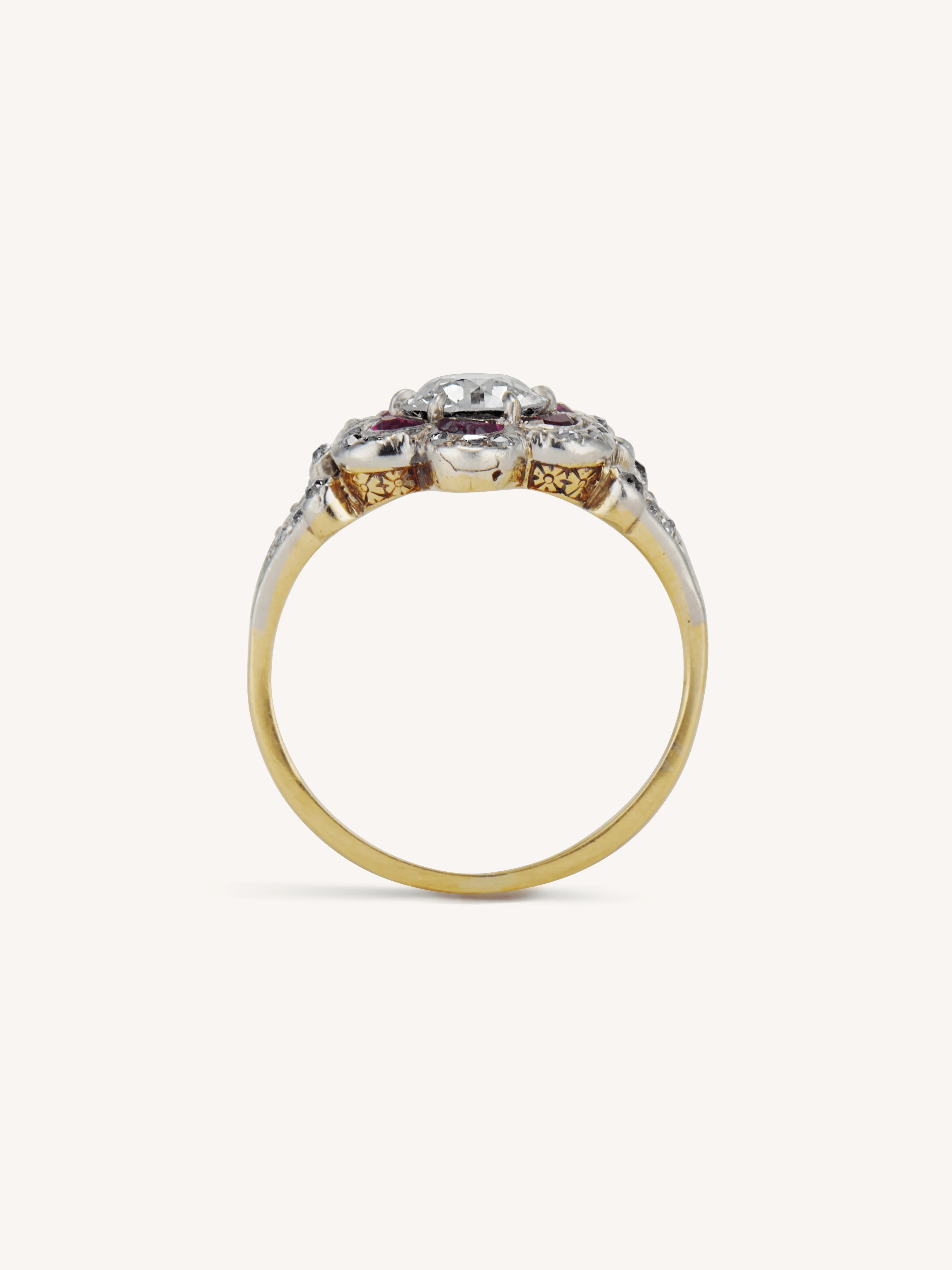 Edwardian Old European Cut Diamond & Ruby Florette Cluster Vintage Engagement Ring - Image 6