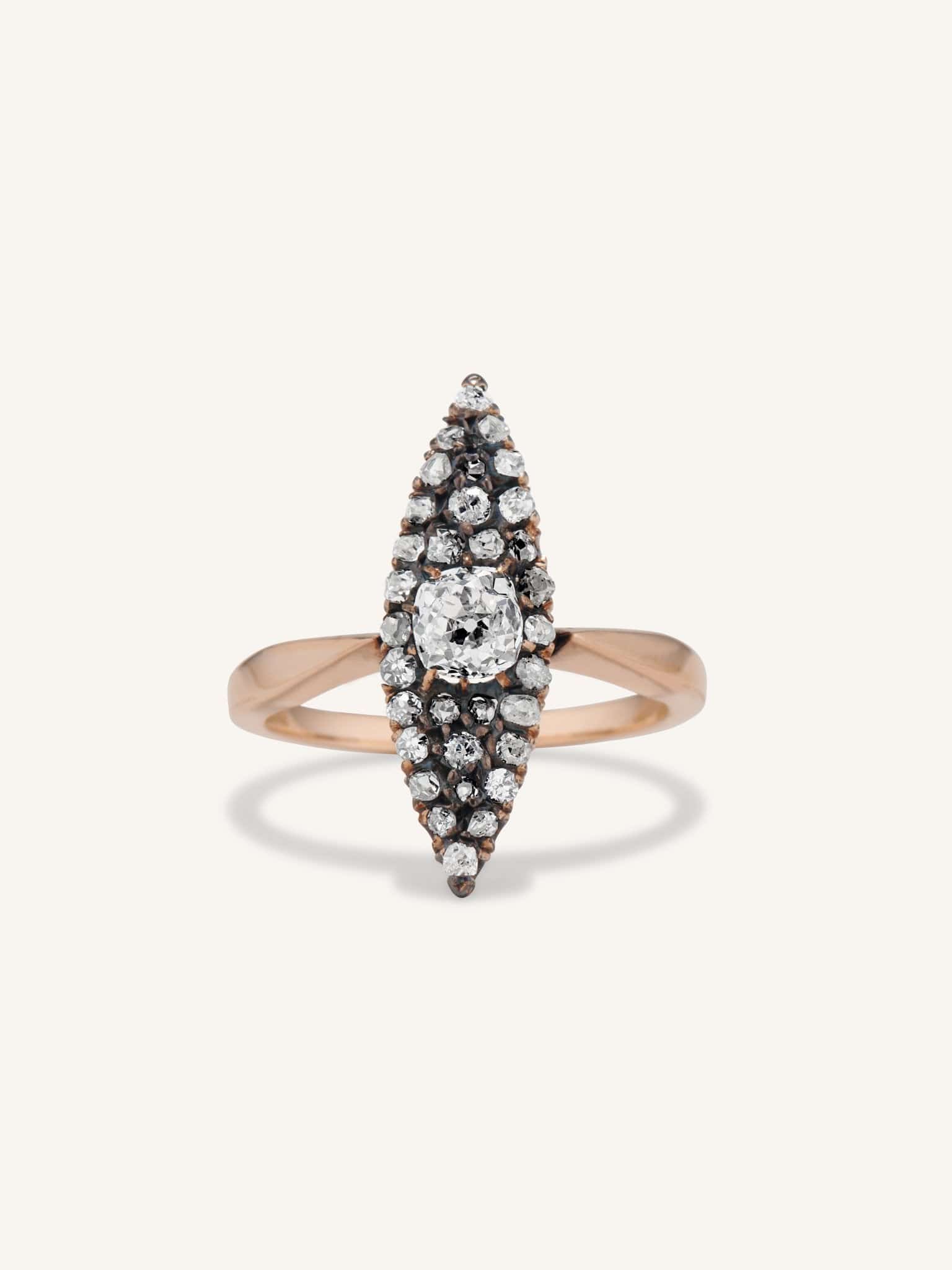 Edwardian Old Mine Cushion & Rose Cut Diamond Cluster Dinner Ring