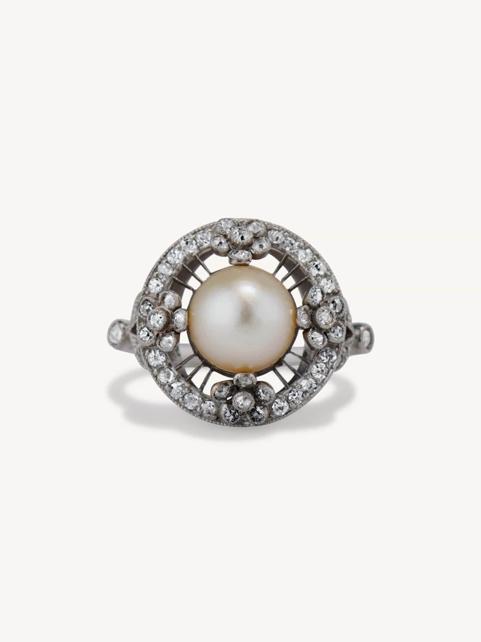 Edwardian Natural Saltwater Pearl & Diamond Dinner Ring