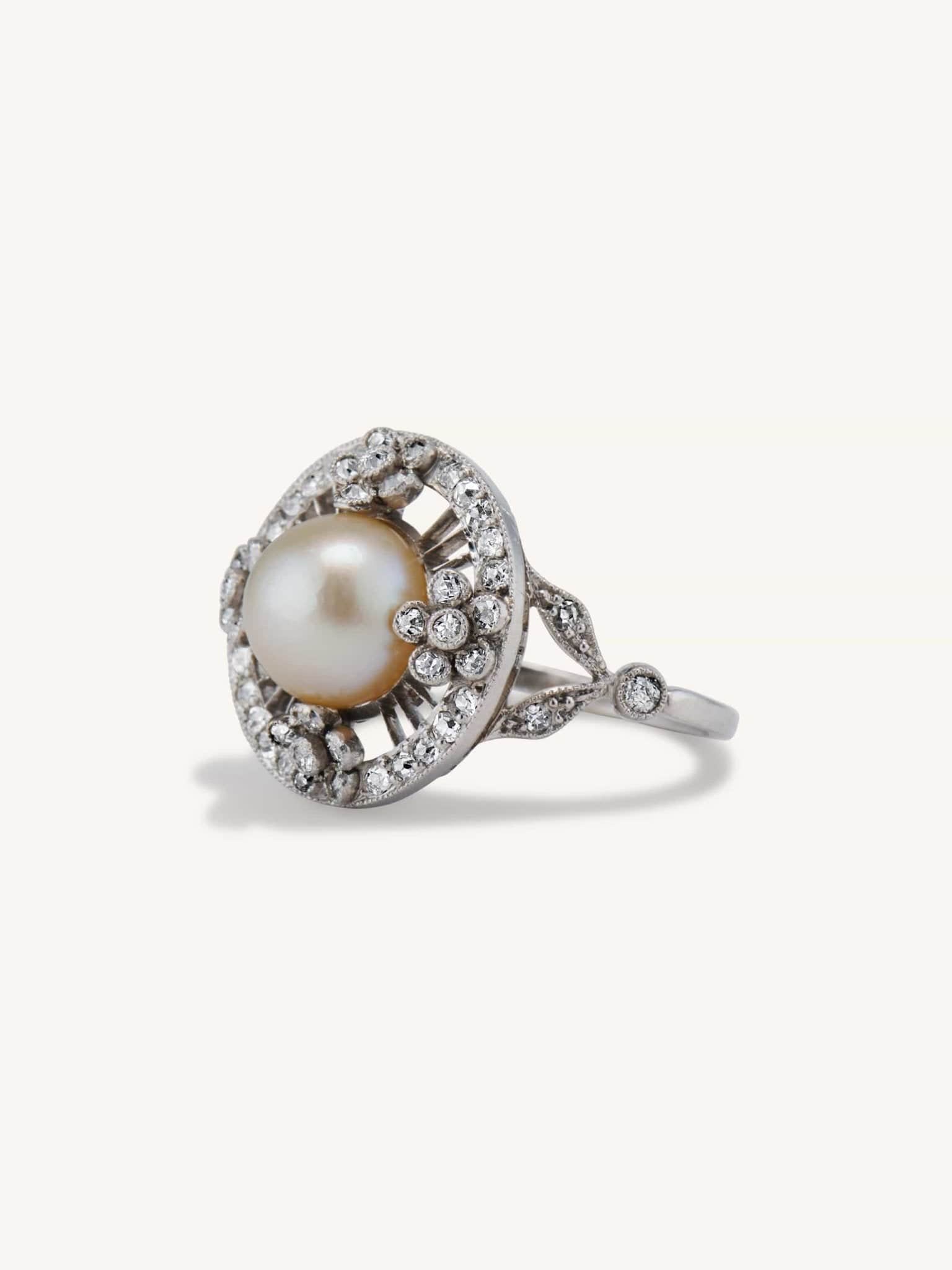 Edwardian Natural Saltwater Pearl & Diamond Dinner Ring - Image 3